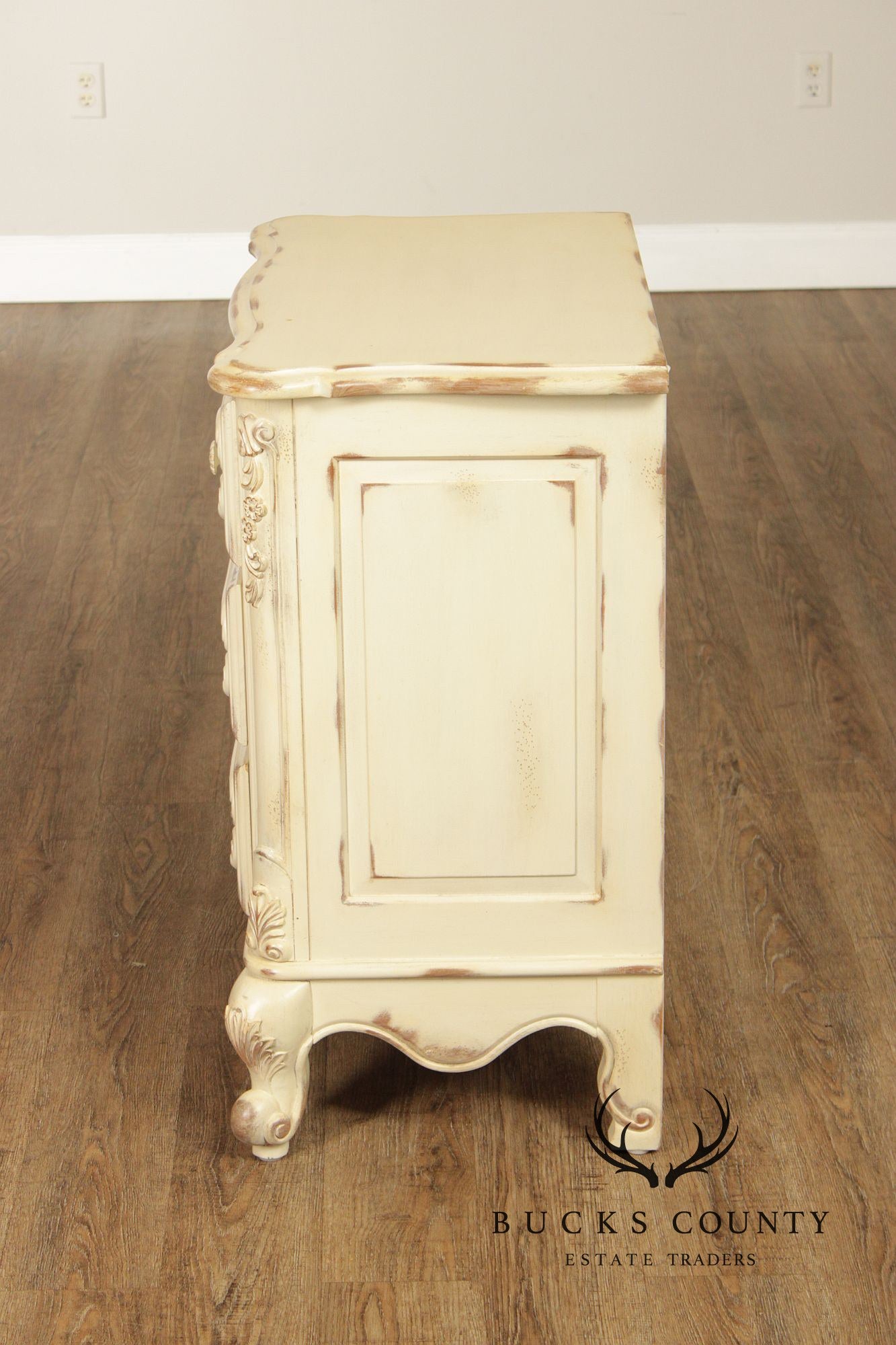 Lane French Provincial Style Pair of Distressed Cream Painted Nightstands