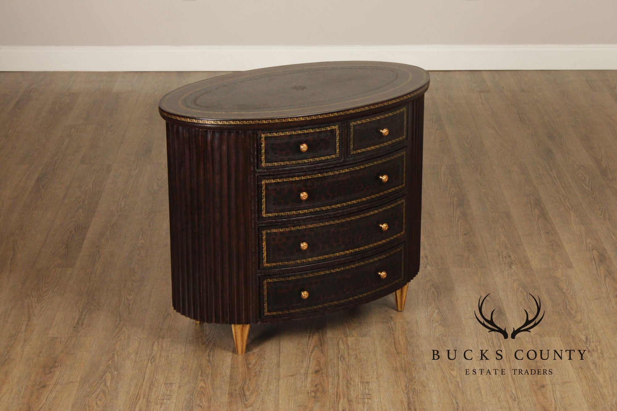 Maitland Smith Leather Wrapped Oval Chest Of Drawers