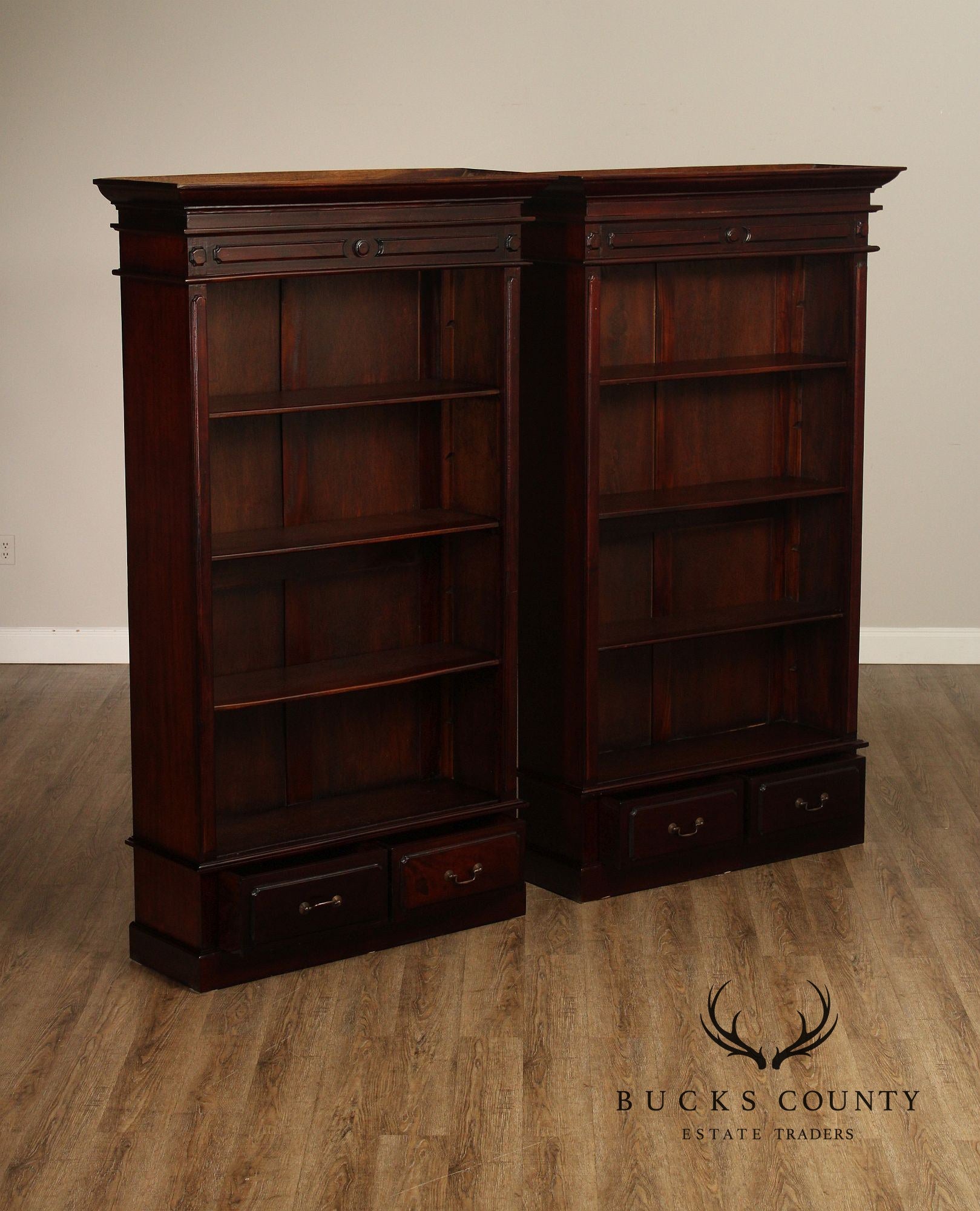 Mahogany Pair Of Tall Open Bookcases With Drawers