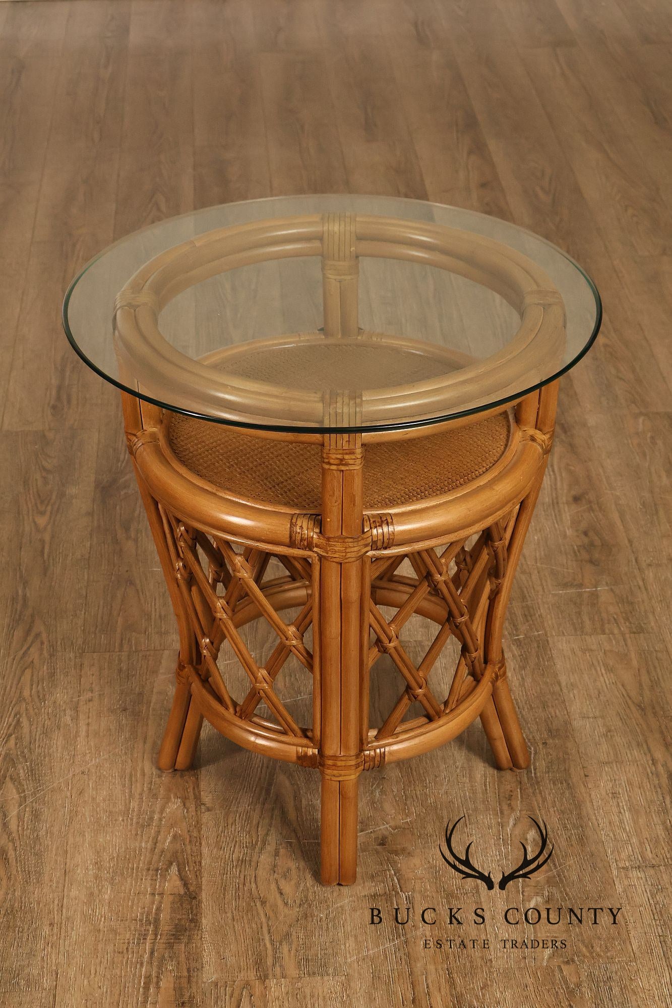 Boho Chic Pair of Round Glass Top Bamboo End Tables