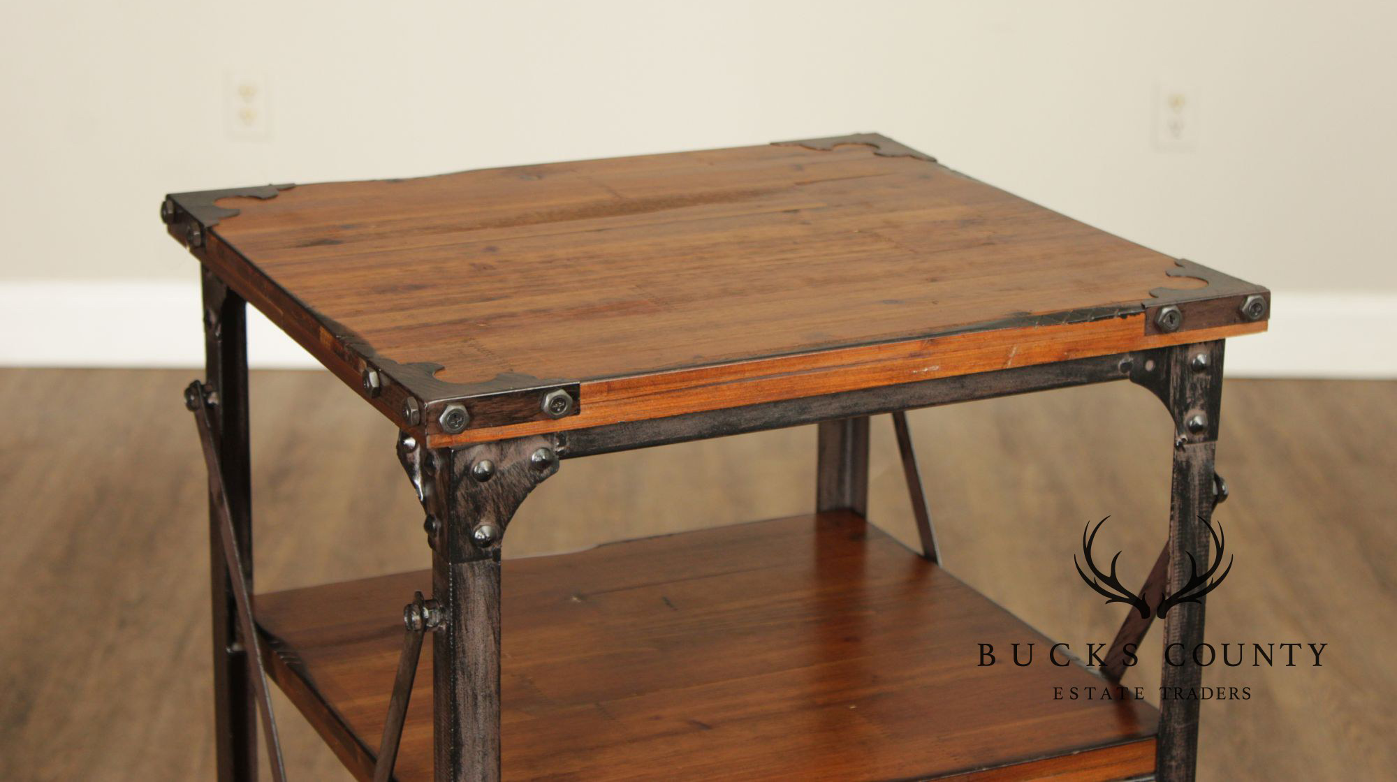 Industrial Rustic Pine And Iron Rolling Shelf With Drawer