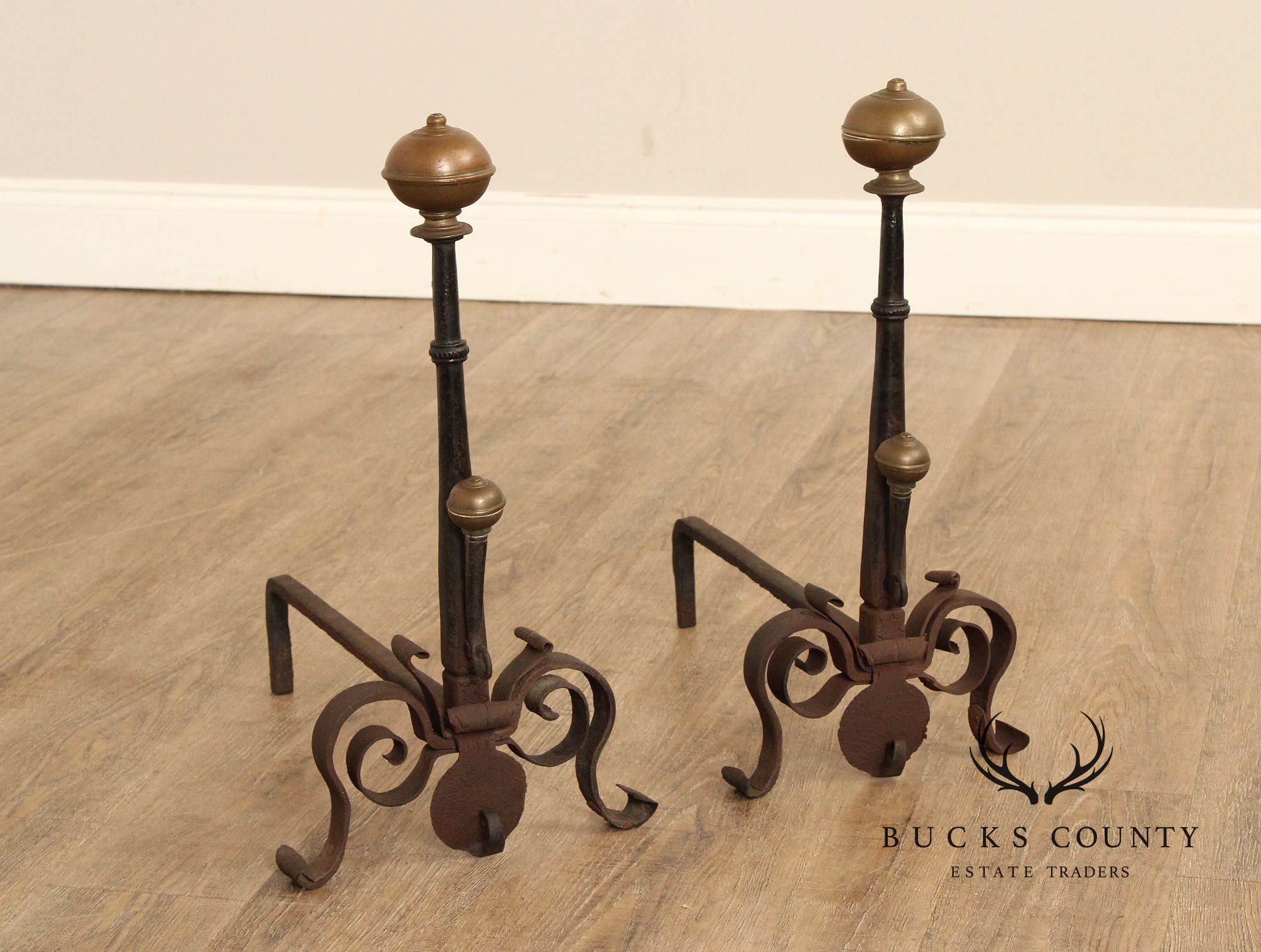 Antique Pair of Forged Iron and Brass Fireplace Andirons