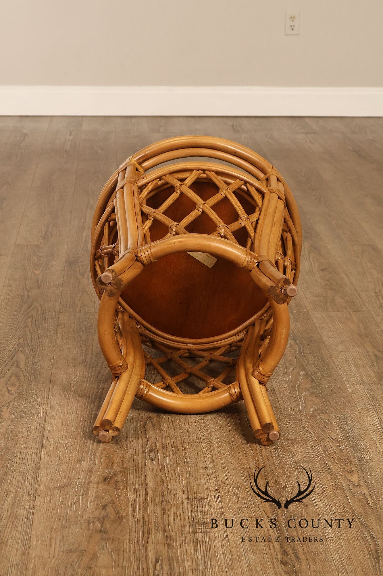 Boho Chic Pair of Round Glass Top Bamboo End Tables