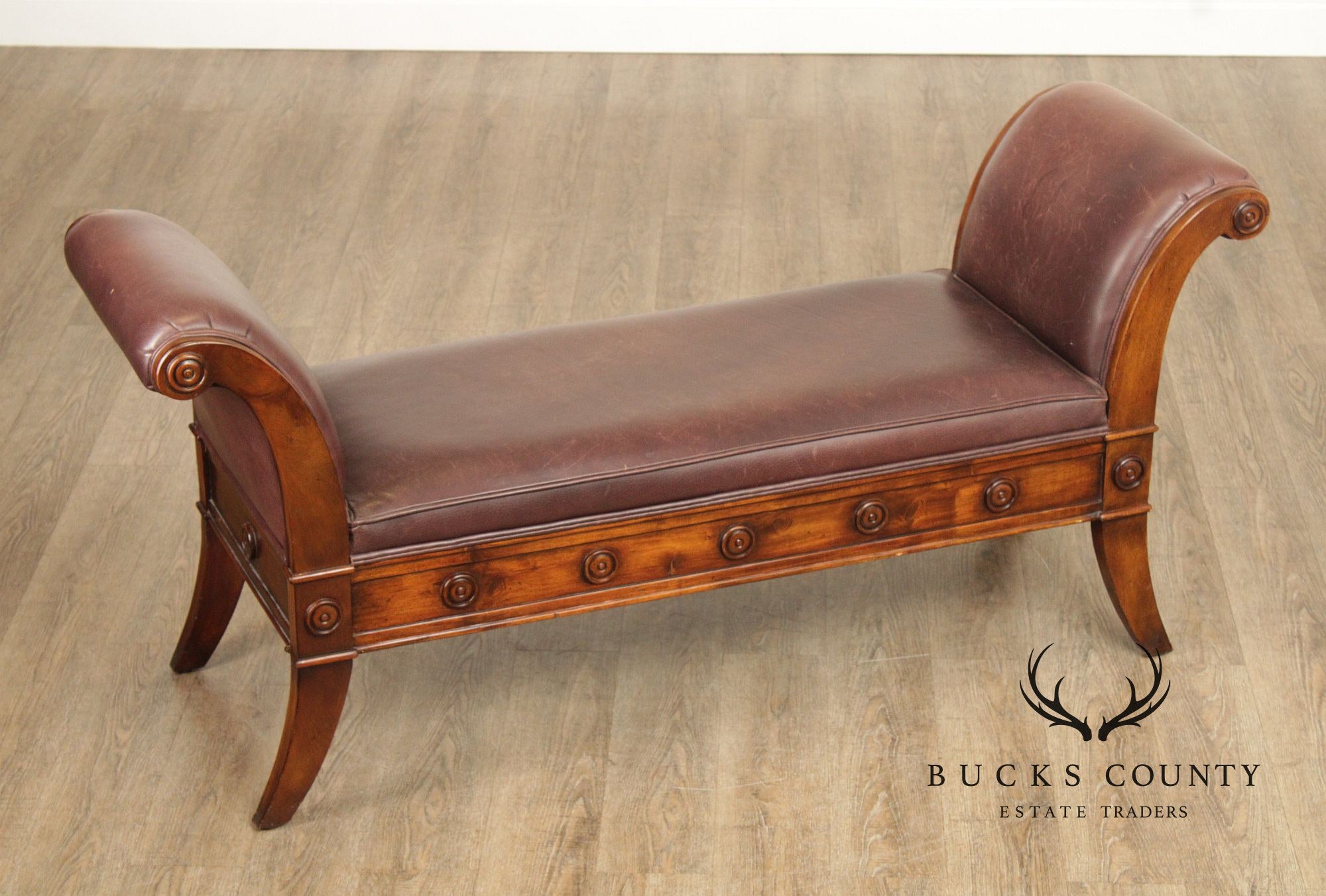 Theodore Alexander Carved Mahogany and Leather Window Bench