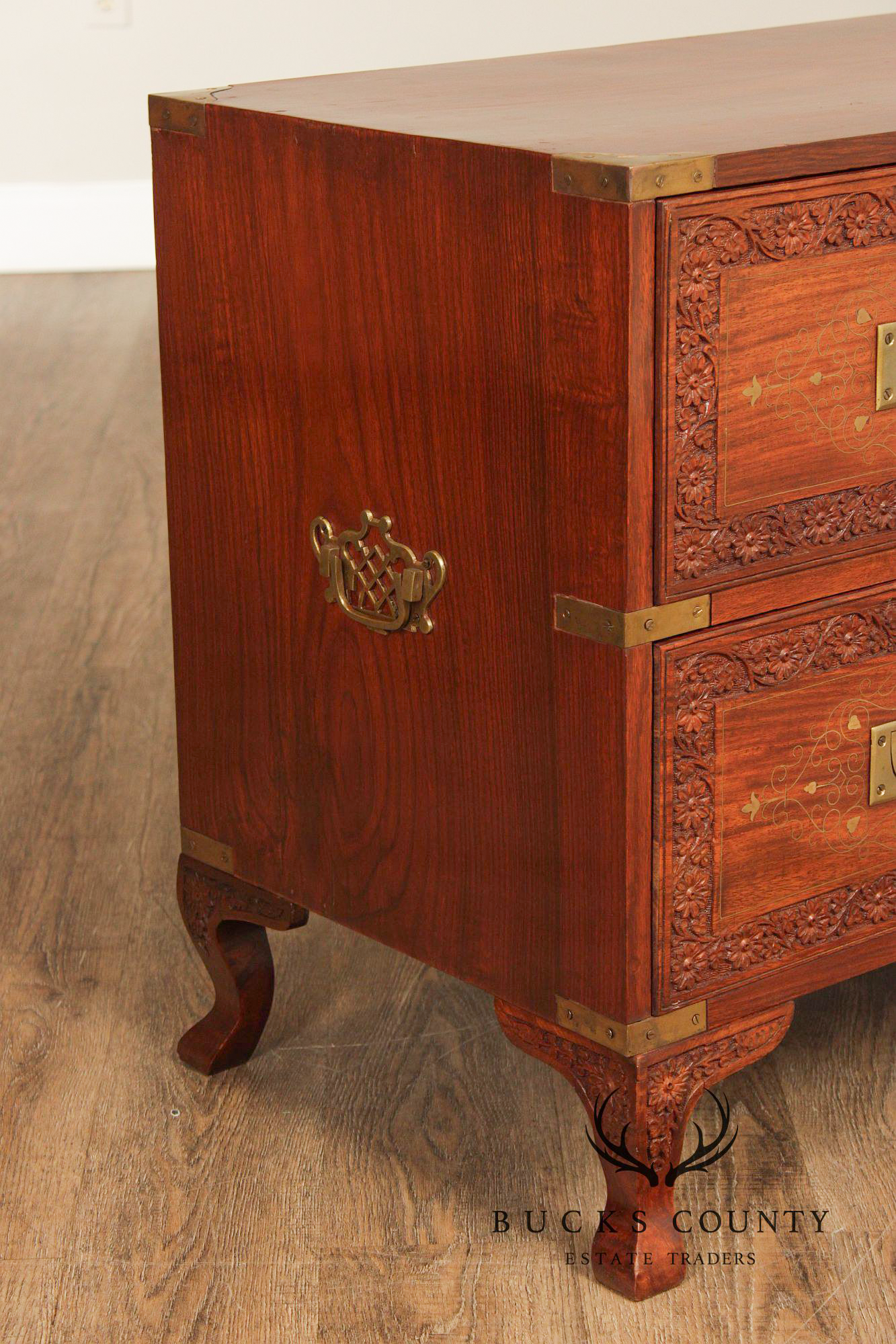 Brass Inlaid And Carved Teak Four Drawer Campaign Chest