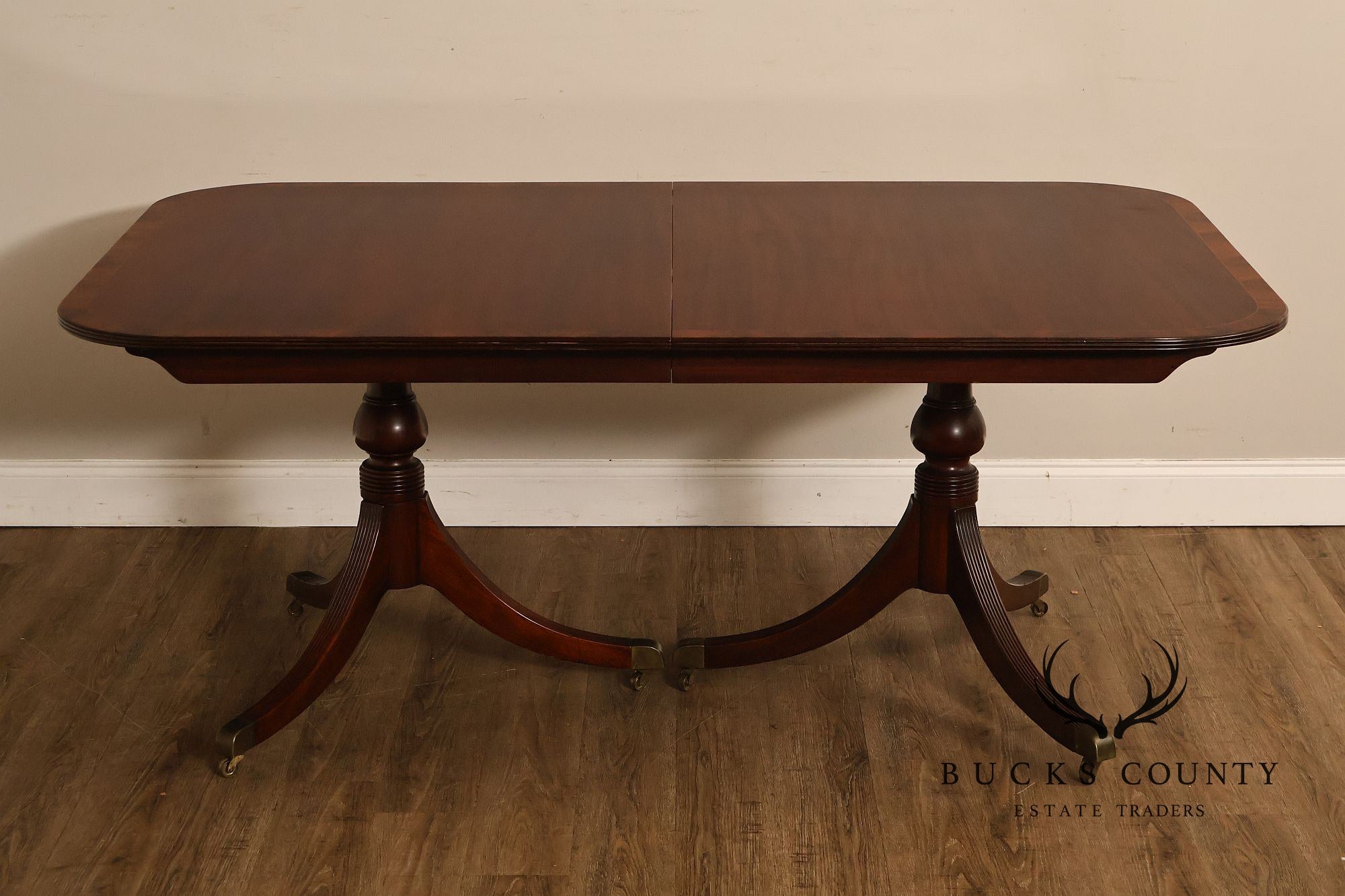 Regency Style Banded Mahogany Double Pedestal Dining Table With 2 Leaves