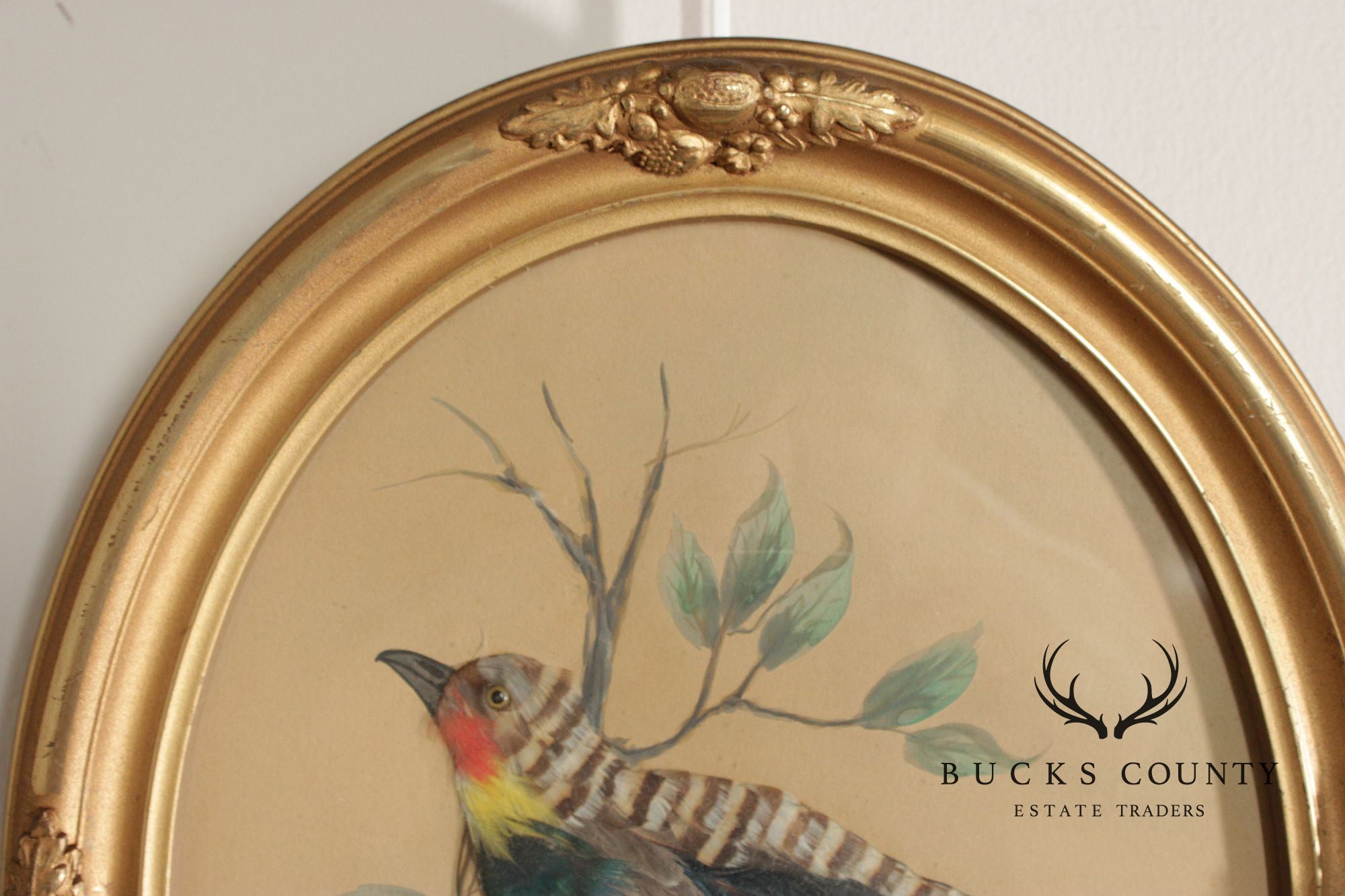 Antique Pair of Feather Art Bird Paintings