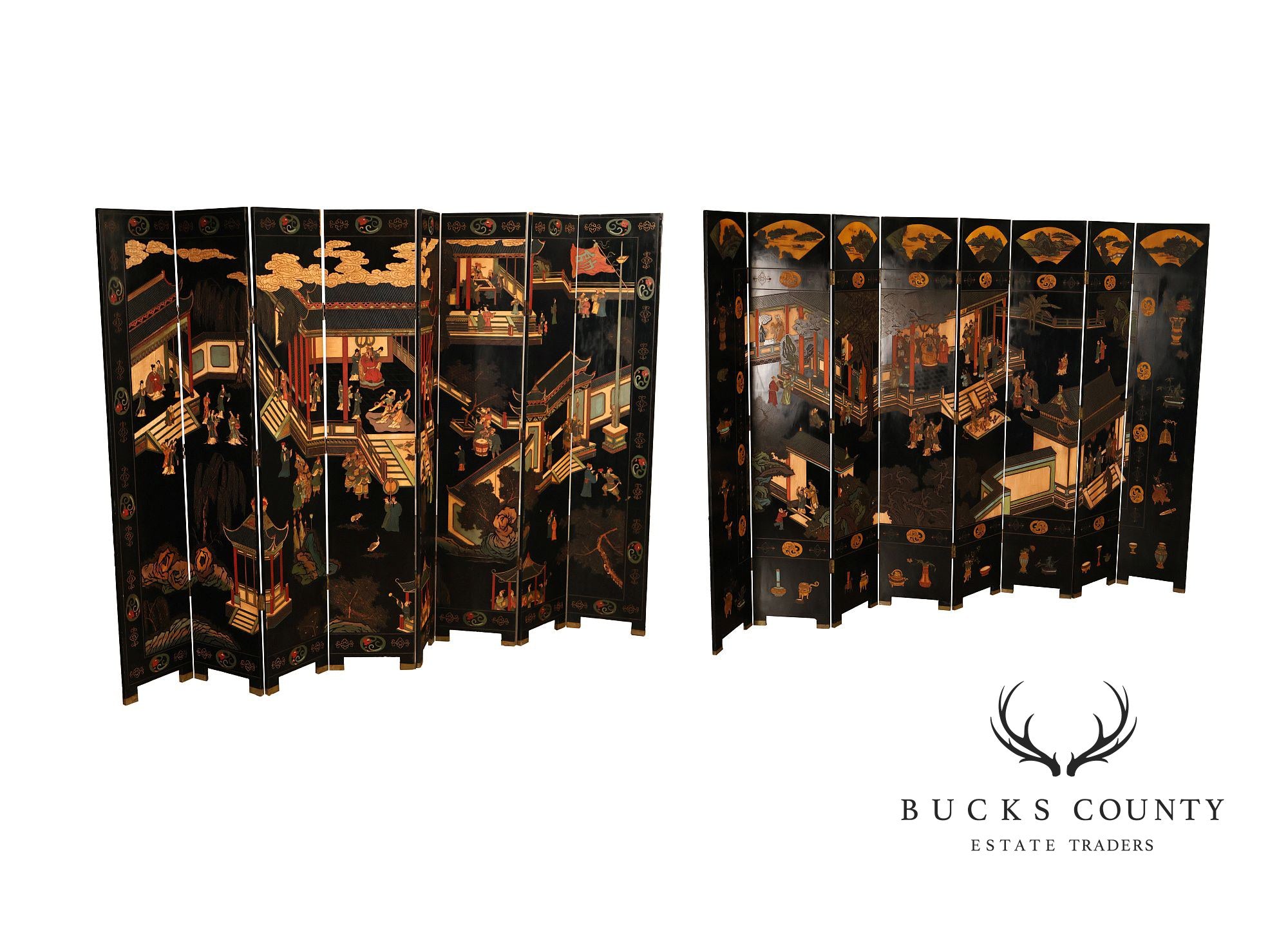 Chinese Coromandel Style Pair Of Eight Panel Folding Screens