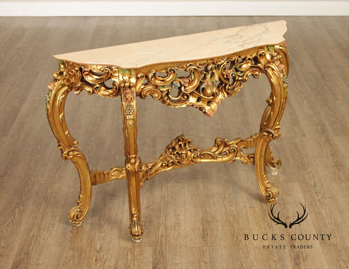 Venetian Rococo Style Marble Top Giltwood Console Table