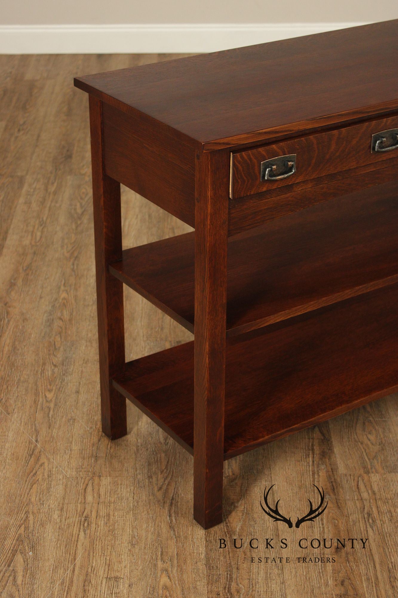 Stickley Mission Collection Oak Two Drawer Console Table With Shelves