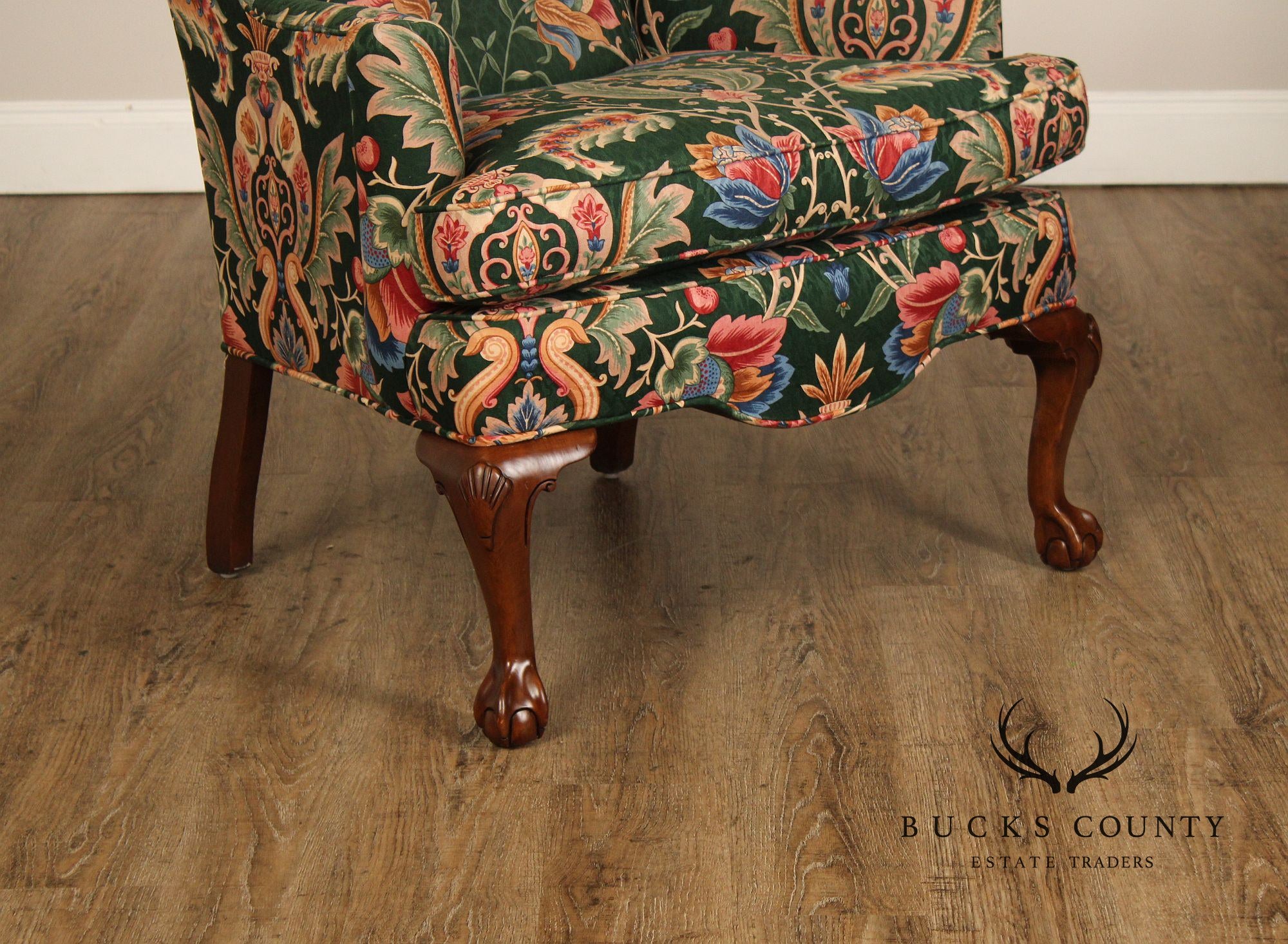 Ethan Allen Floral Upholstered Chippendale Style Wingback Chair