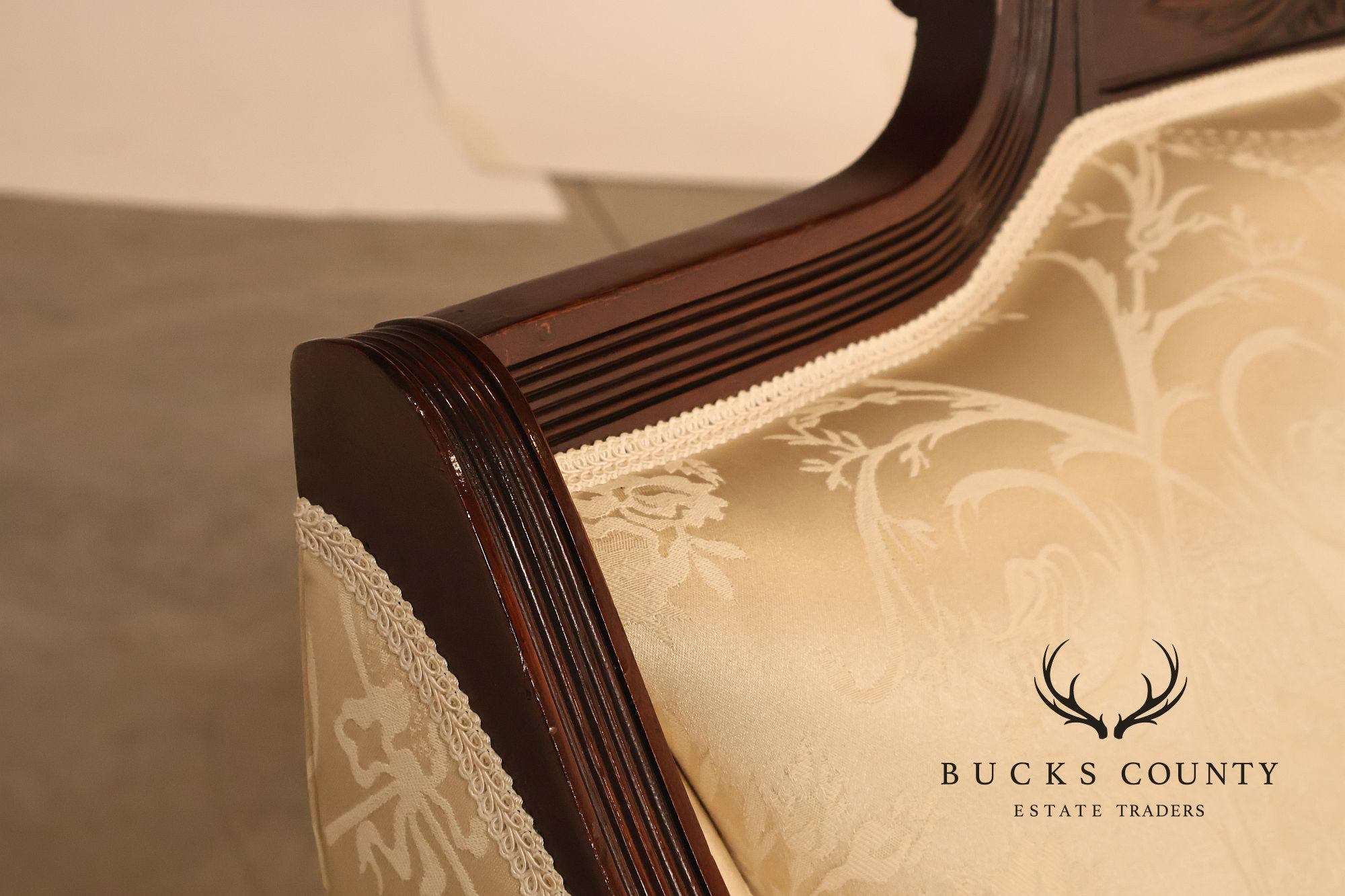 Federal Sheraton Style Upholstered Sofa With Carved Wood Frame