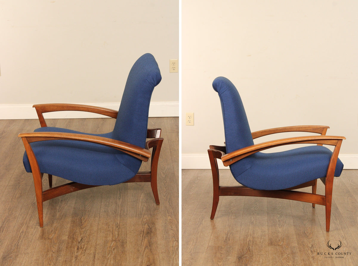Quality Mid Century Modern Unusual Sculpted Walnut Pair Of Three Legged Lounge Chairs