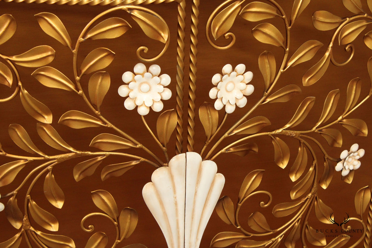 Italian Hollywood Regency Marble Top Floral Console Cabinet