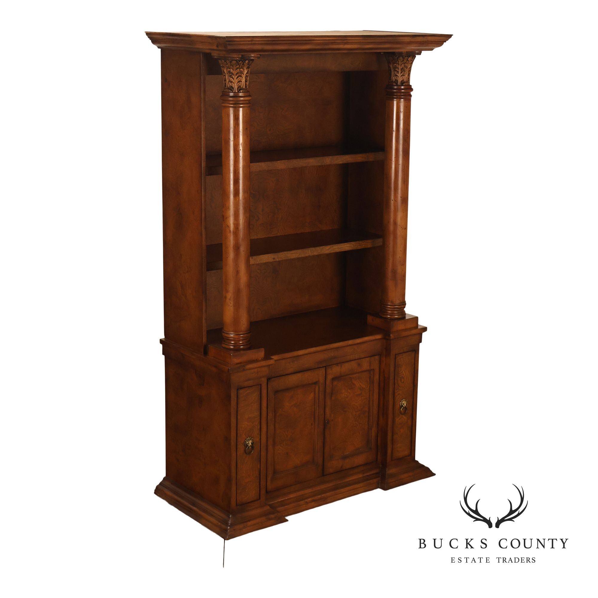 Large Classical Style Burl Wood Open Bookcase With Corinthian Columns