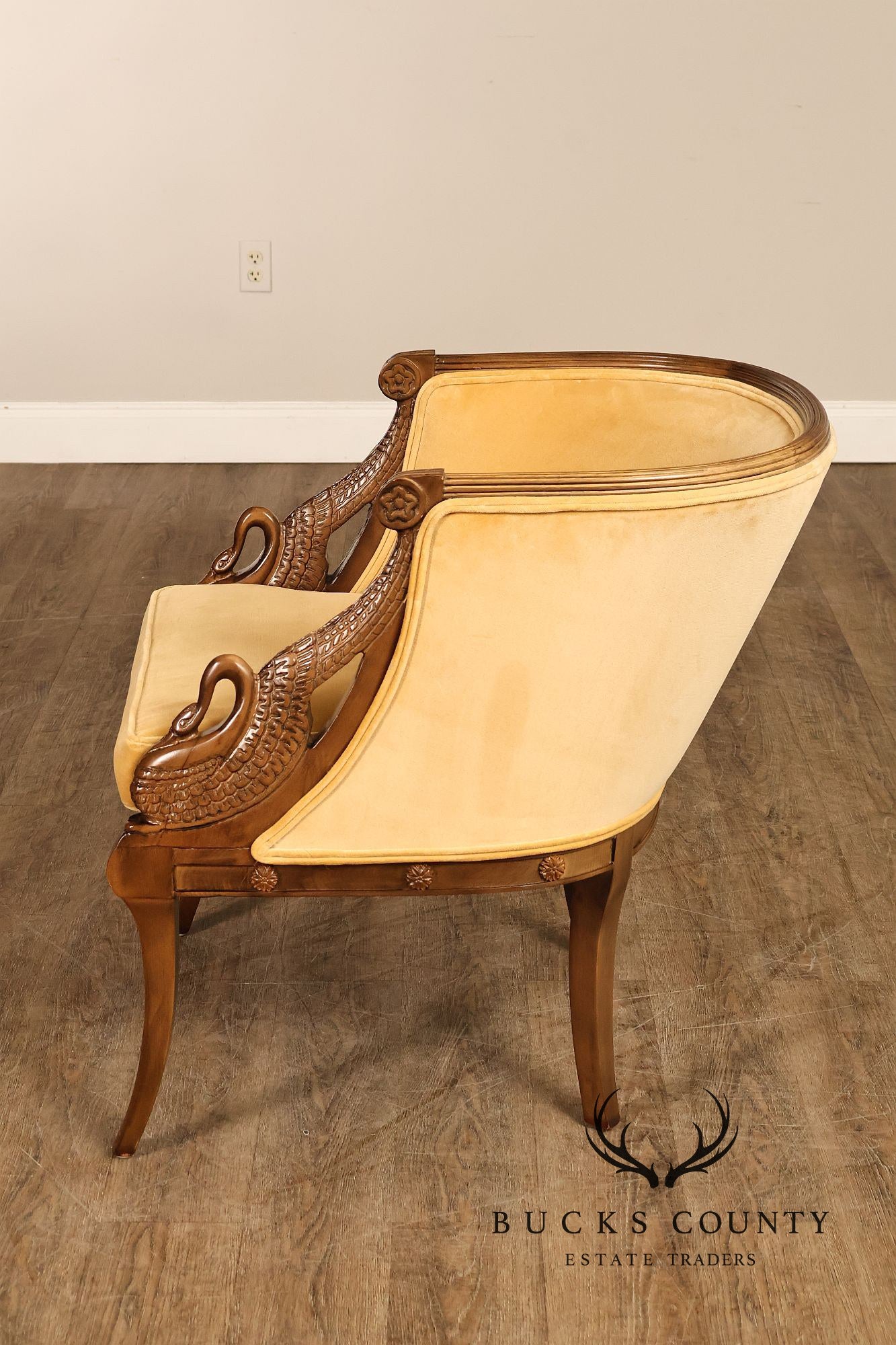 Pair Of French Empire Style Carved Mahogany Swan Motif Barrel Back Club Chairs In Gold Velvet