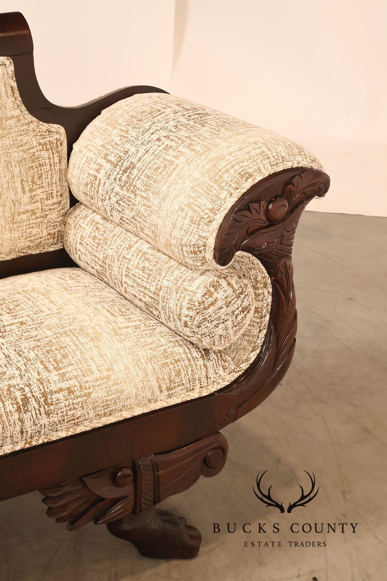Antique American Upholstered Empire Style Carved Mahogany Sofa