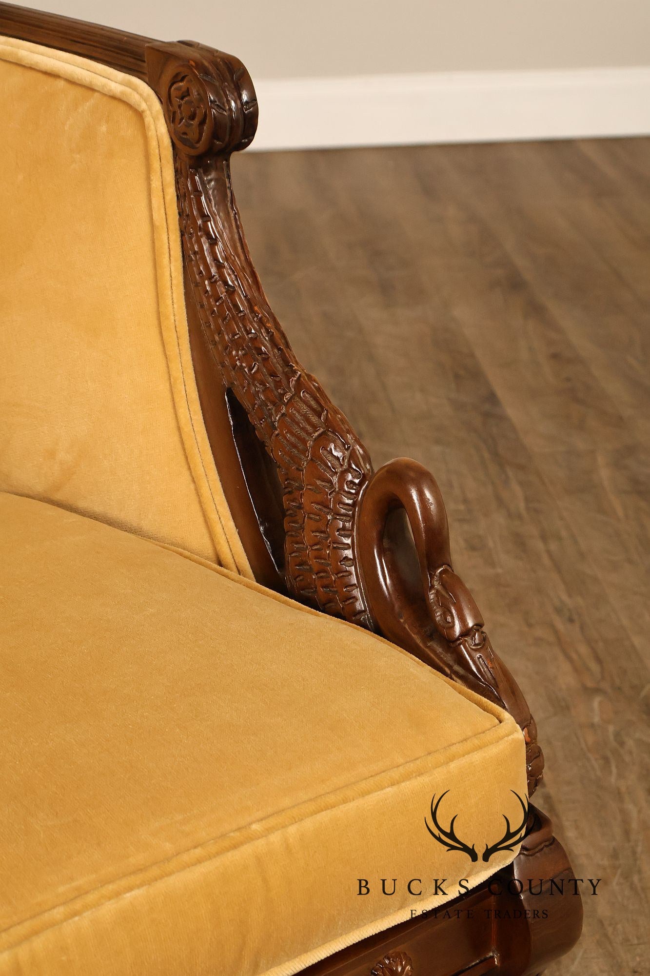 Pair Of French Empire Style Carved Mahogany Swan Motif Barrel Back Club Chairs In Gold Velvet