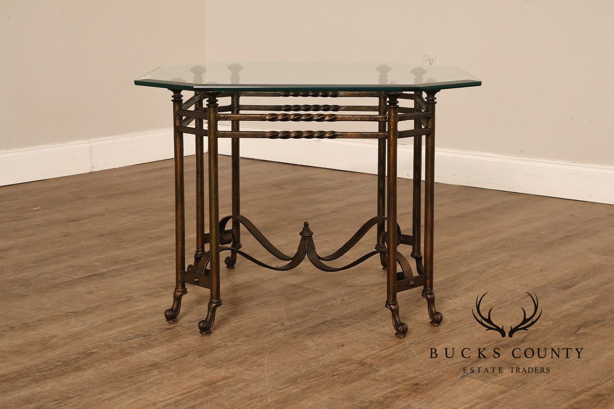 Vintage Hollywood Regency Wrought Iron Glass Top Occasional Table