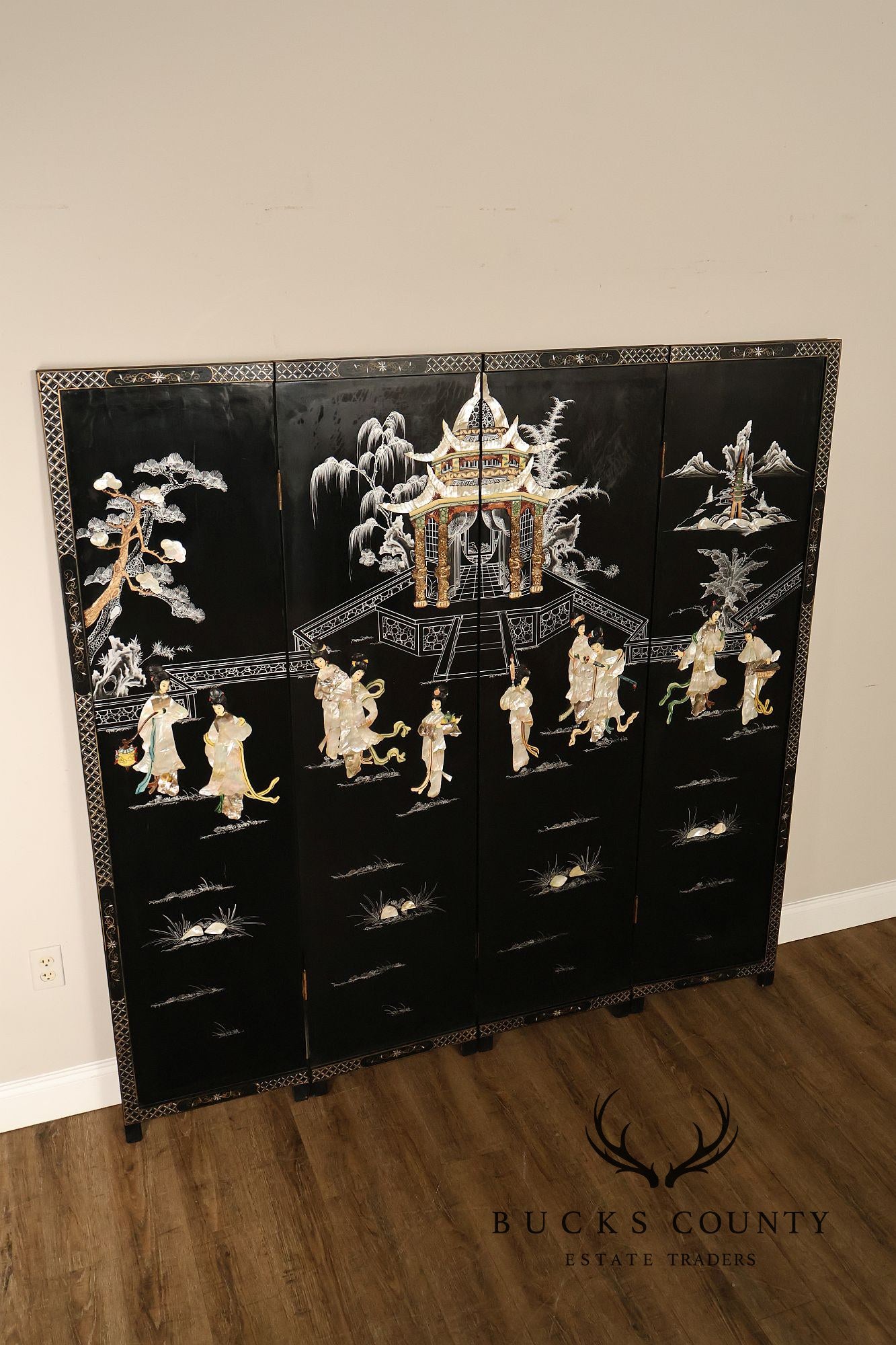 Asian Black Lacquer Vintage Pair Of Four Panel Folding Screens With Mother Of Pearl Inlay