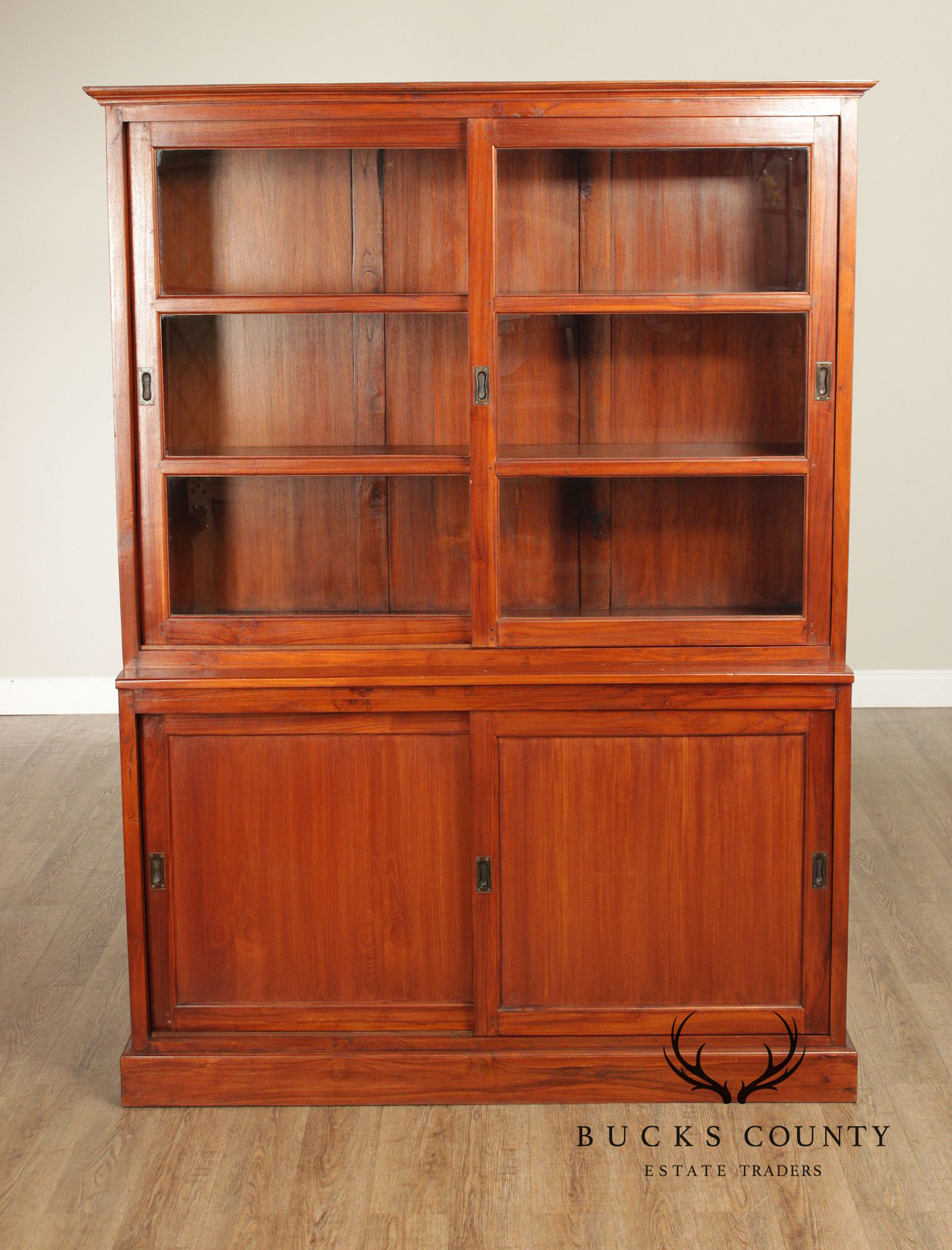 Rustic Hardwood Sliding Door Bookcase Cabinet