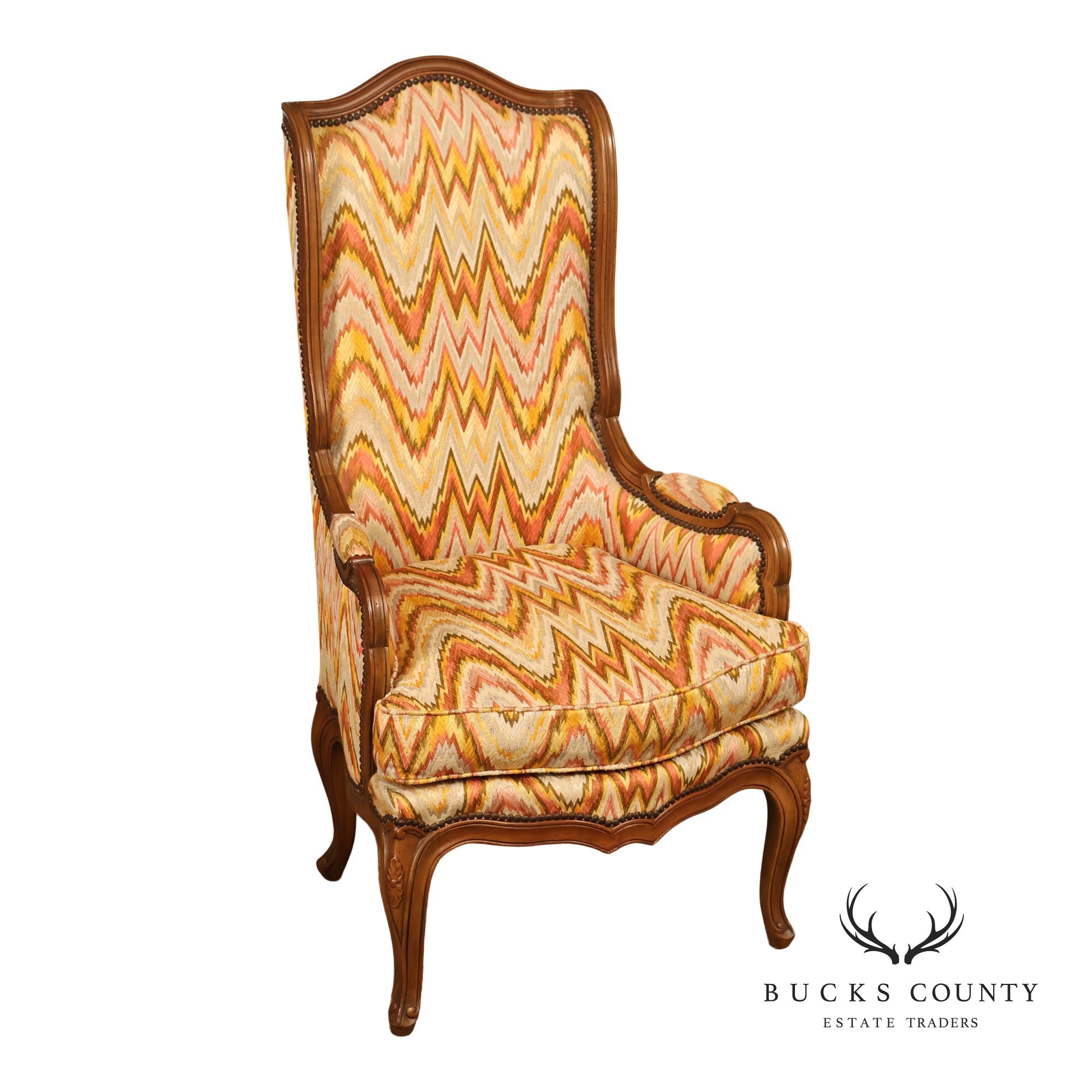 Baker Furniture French Style High Back Upholstered Wingback Armchair with Nailhead Trim