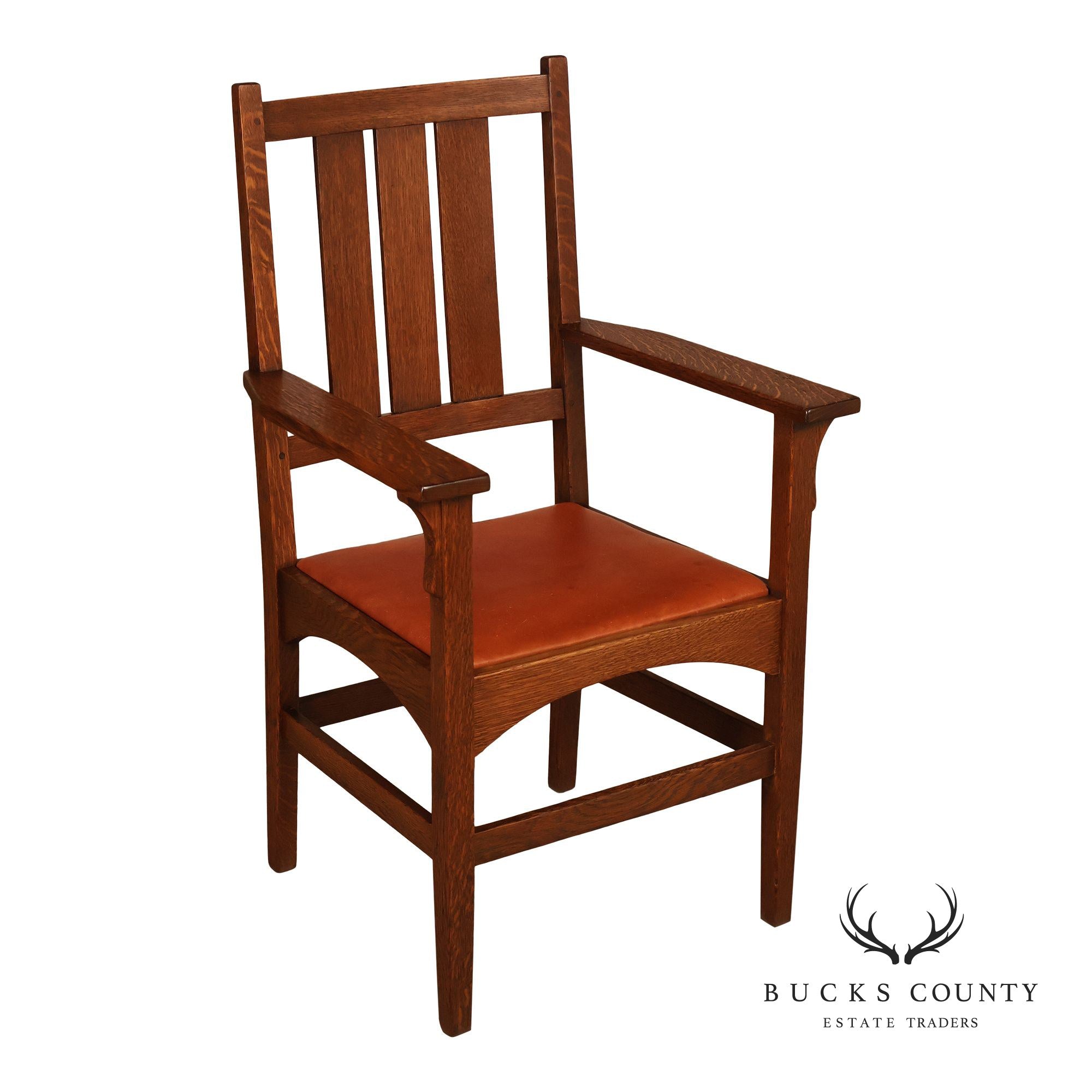 Gustav Stickley Antique Mission Oak Arts And Crafts Armchair With Leather Seat