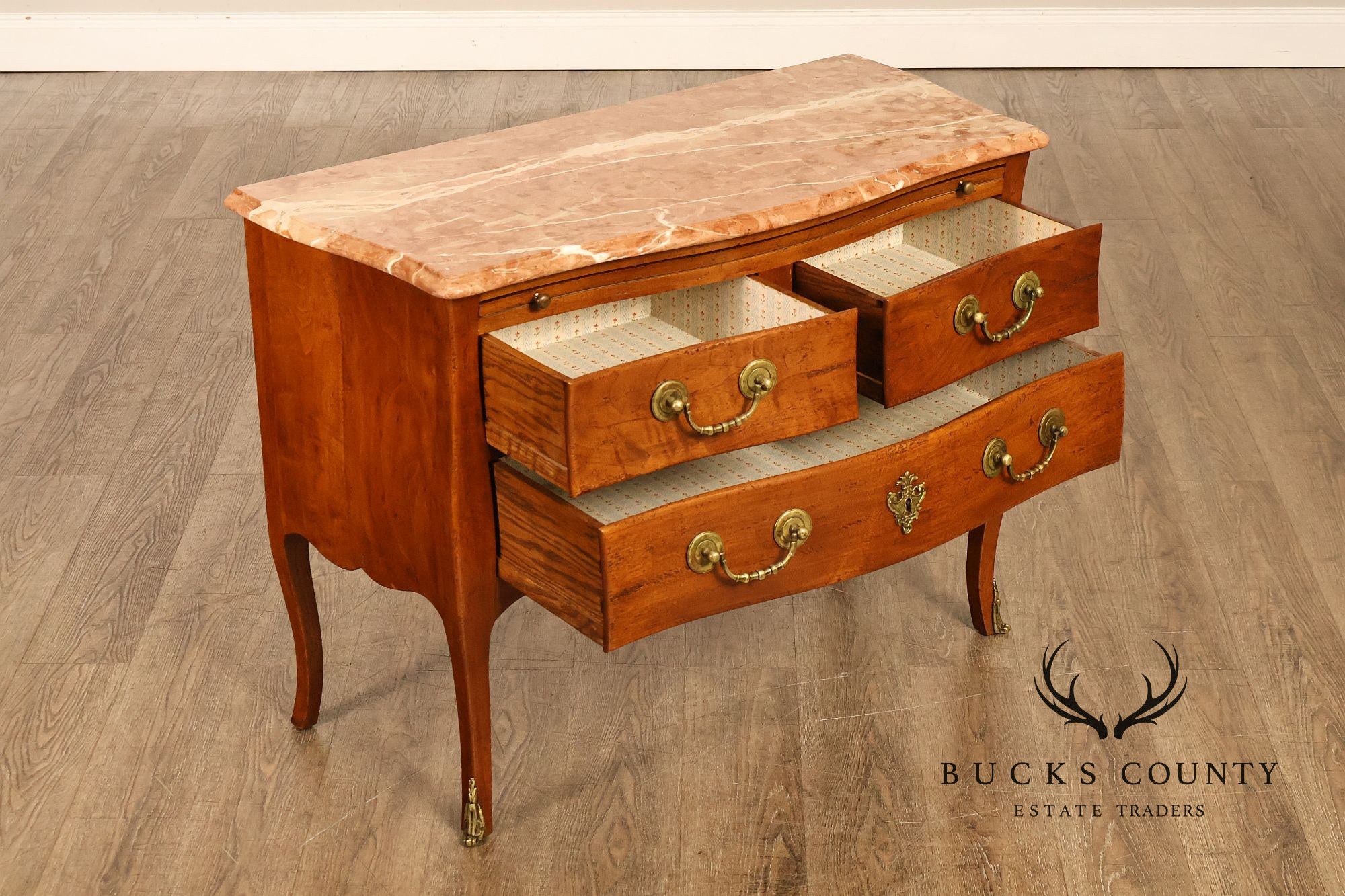 Don Ruseau French Louis XV Style Walnut Marble Top Commode