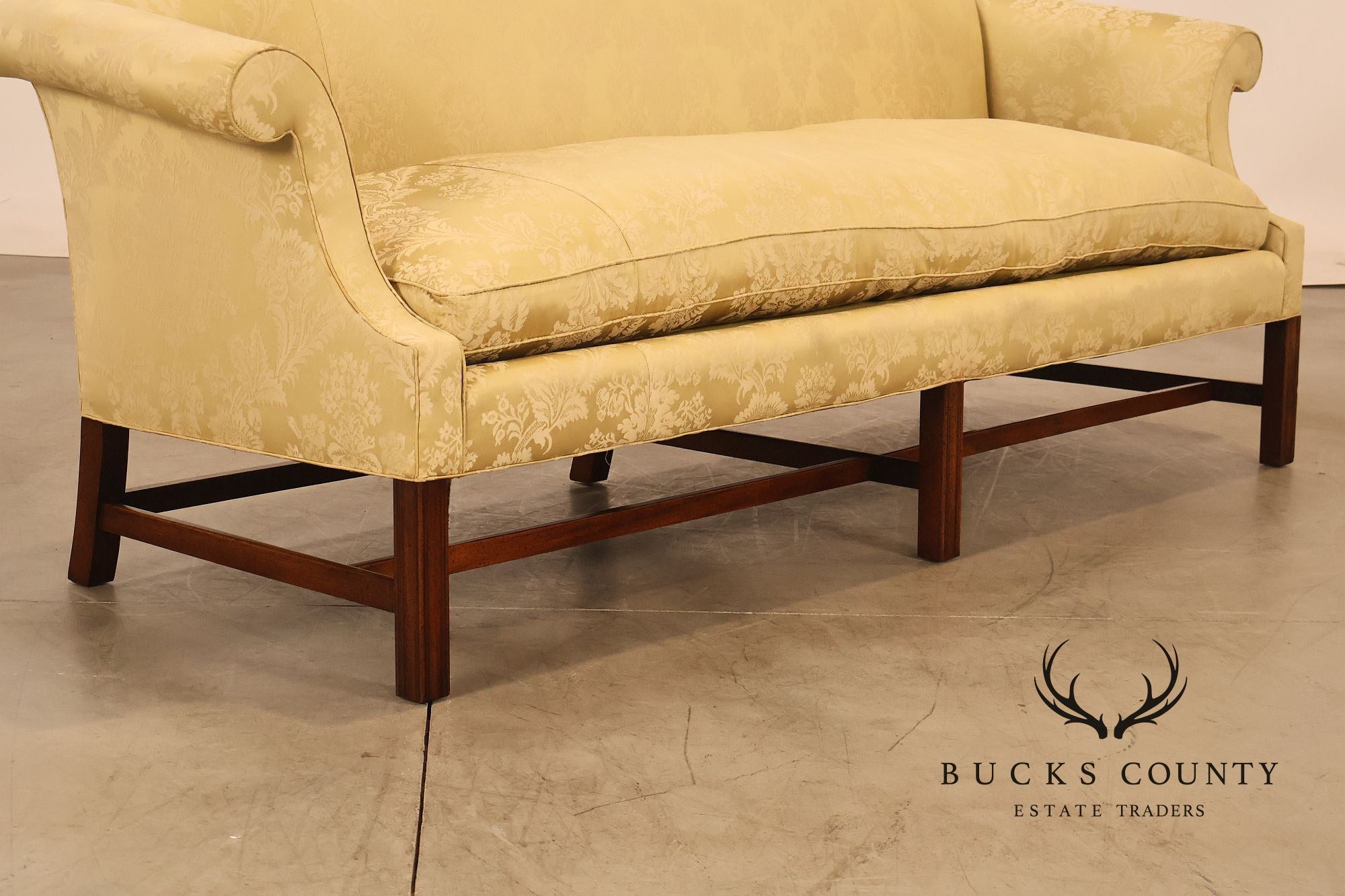Henredon Chippendale Camelback Damask Upholstered Mahogany Sofa