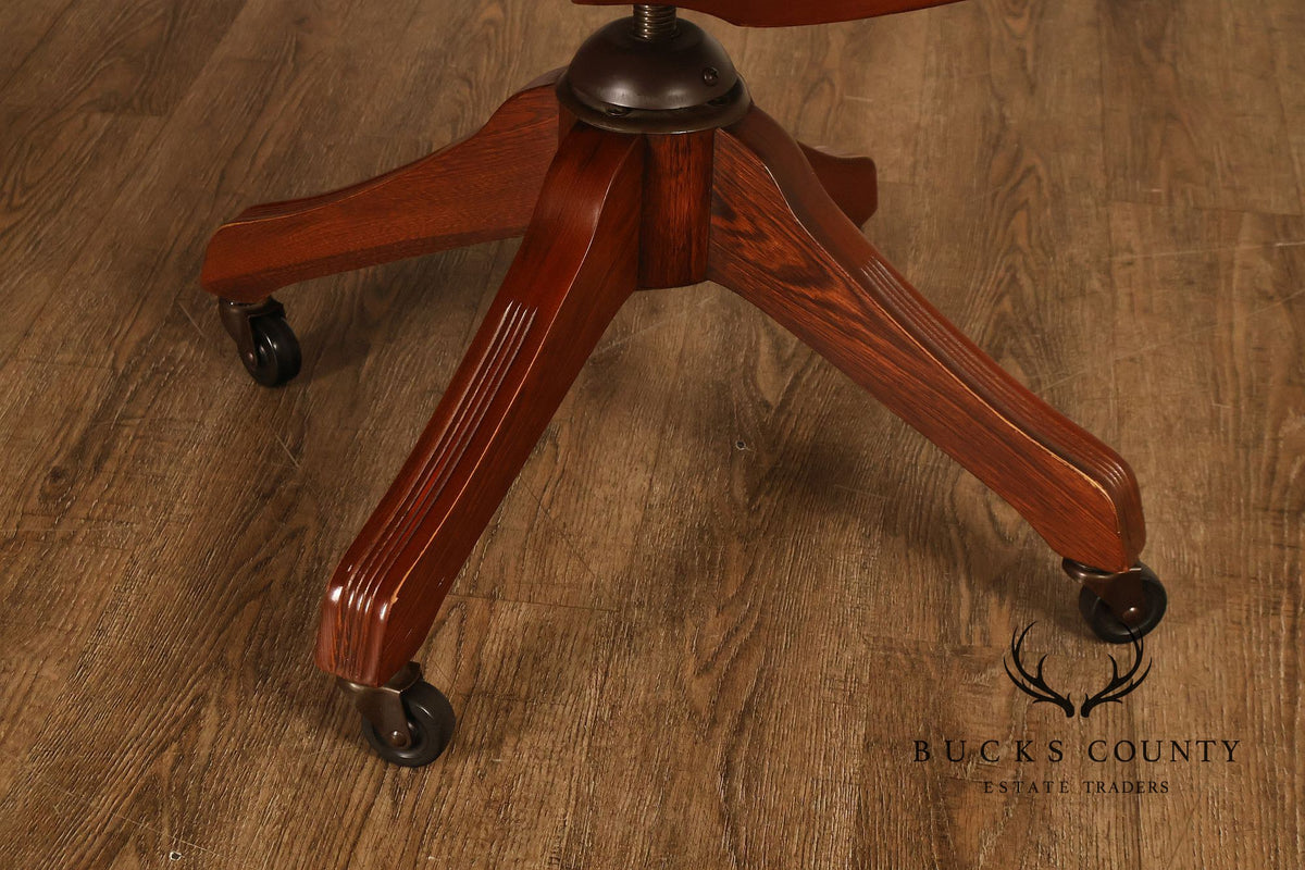Vintage Leather and Cane Swivel Office Armchair