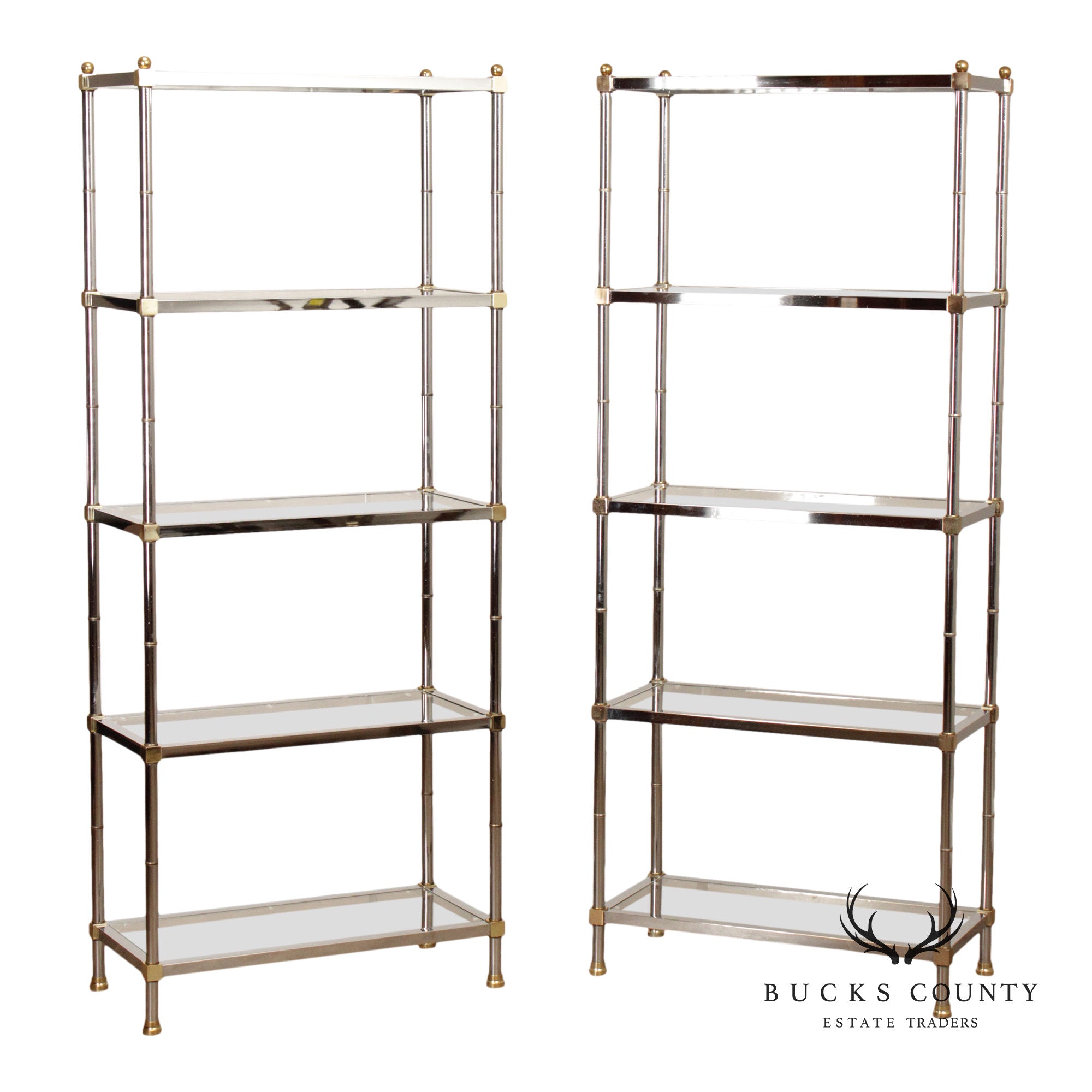 Chrome And Glass Pair Of Five Shelf Bookcase Etageres