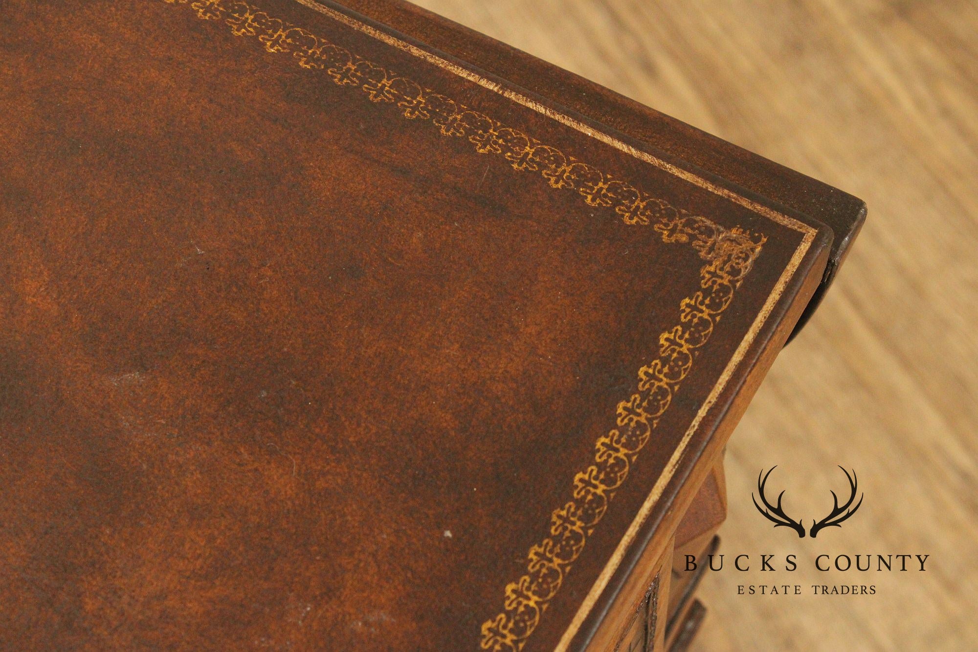 Neoclassical Style Leather Wrapped Drop-Leaf Side Table