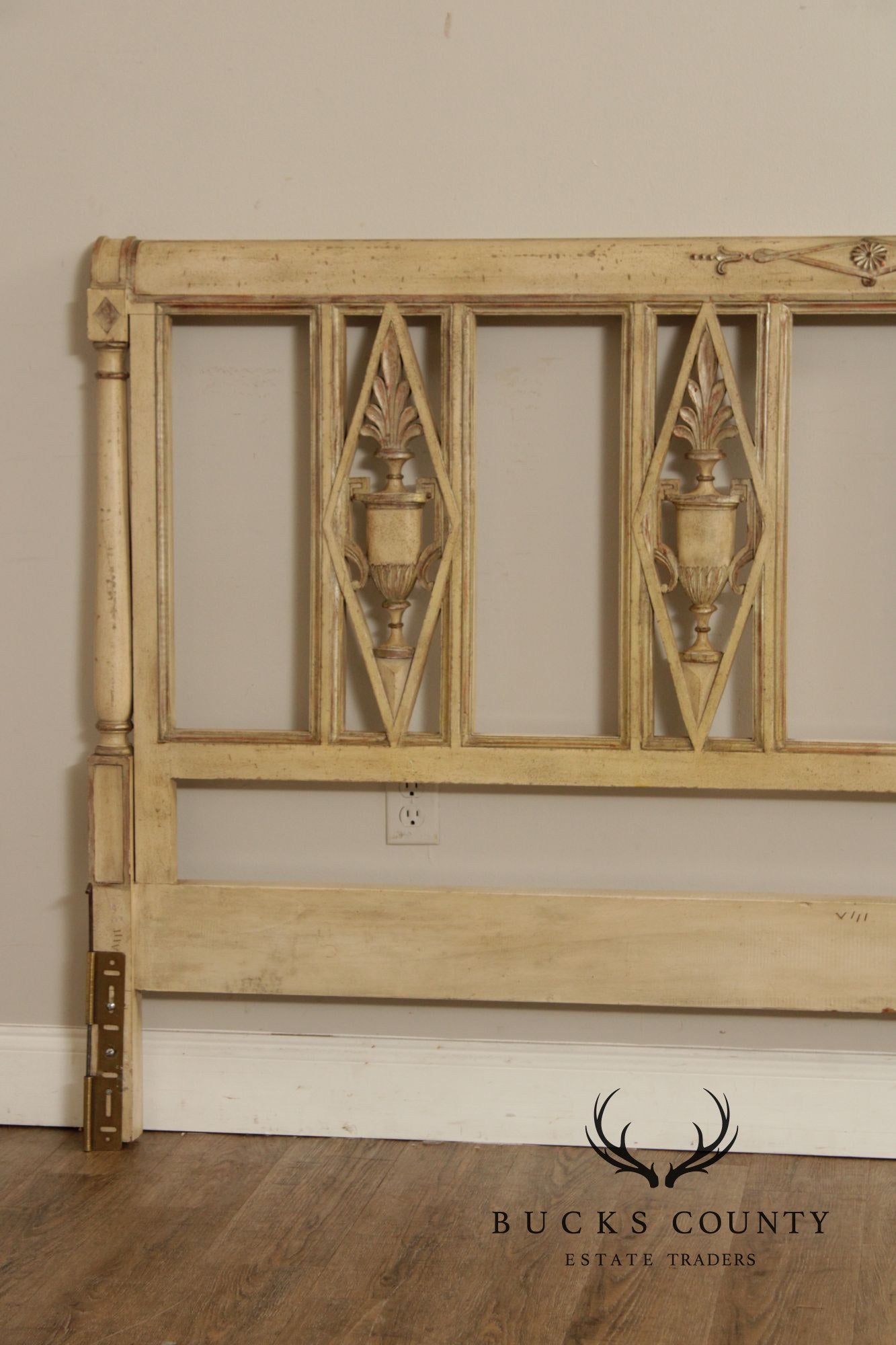French Neoclassical Directoire Style Distress Painted King Headboard