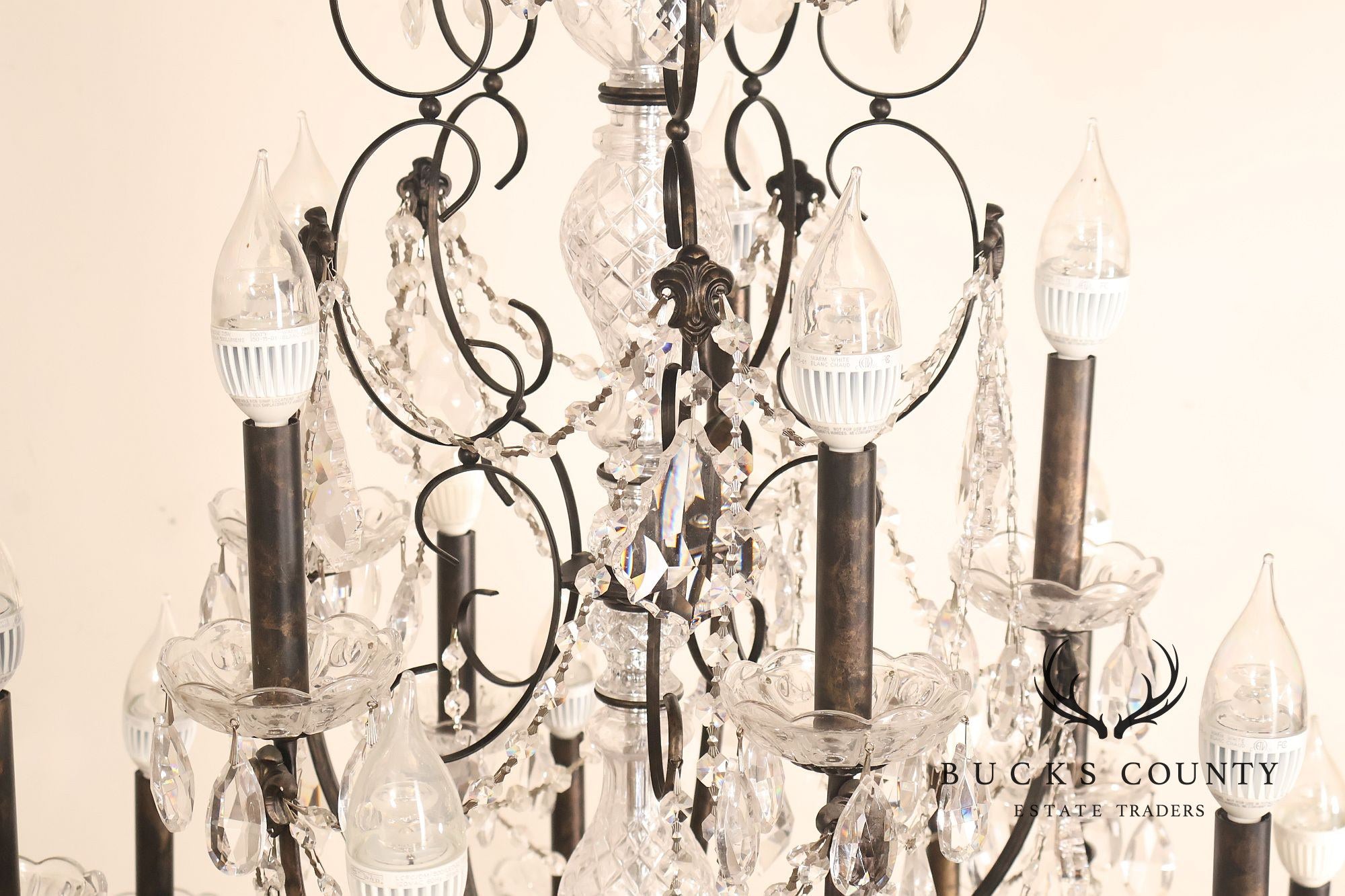 Large Twenty-Light Crystal And Wrought Iron 55" Chandelier