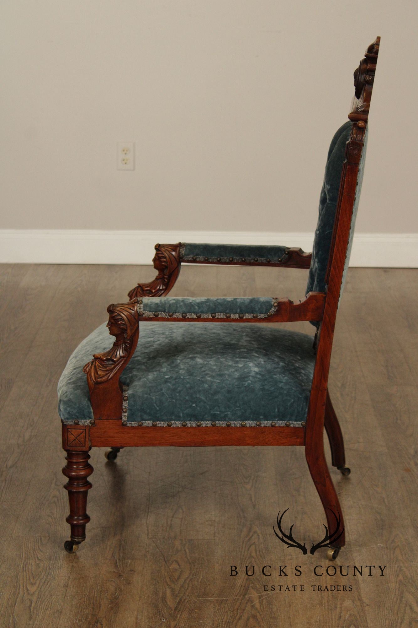 Antique Renaissance Revival Figural Carved Walnut Armchair