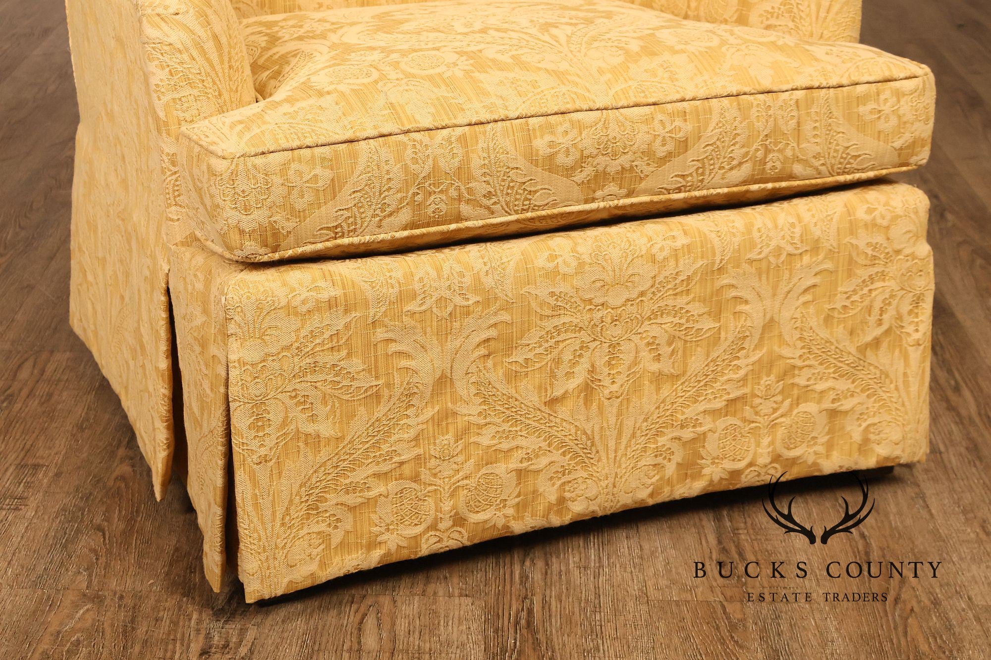 Custom Pair Of Skirted Damask Upholstered Lounge Chairs