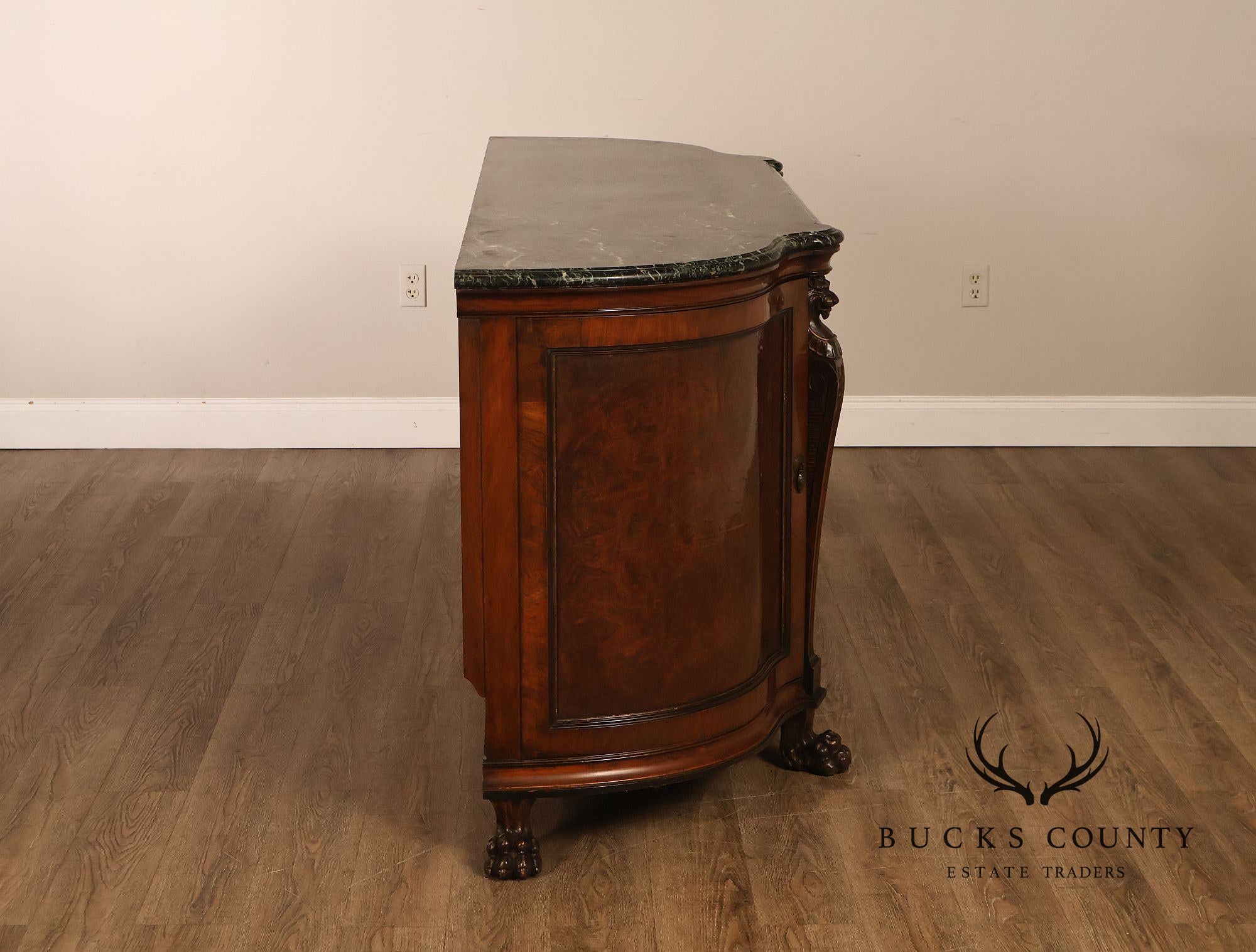Antique Marble Top Mahogany Inlaid Figural Carved Buffet Sideboard