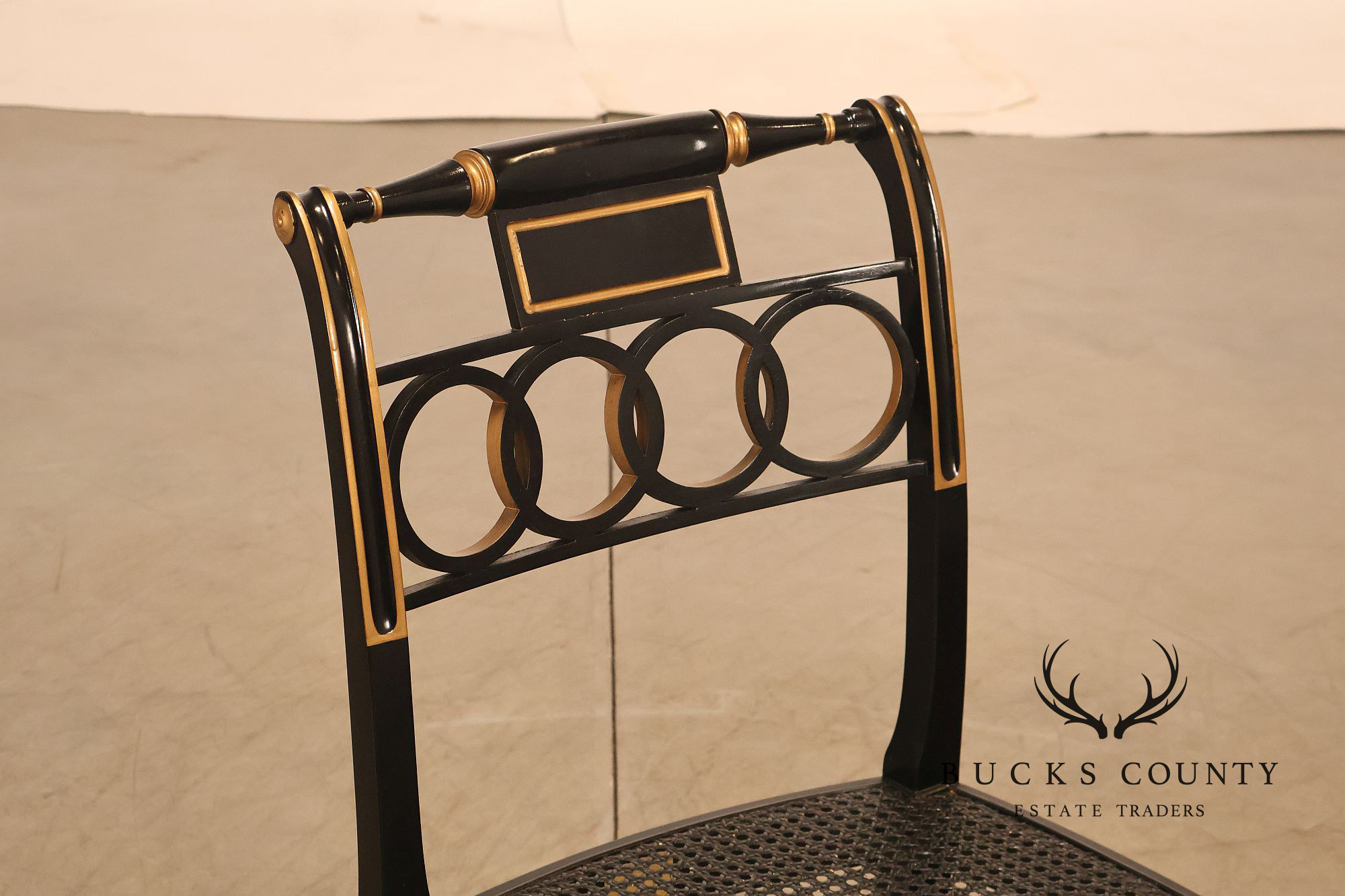 Baker Regency Style Pair of Ebonized and Partial Gilt Side Chairs