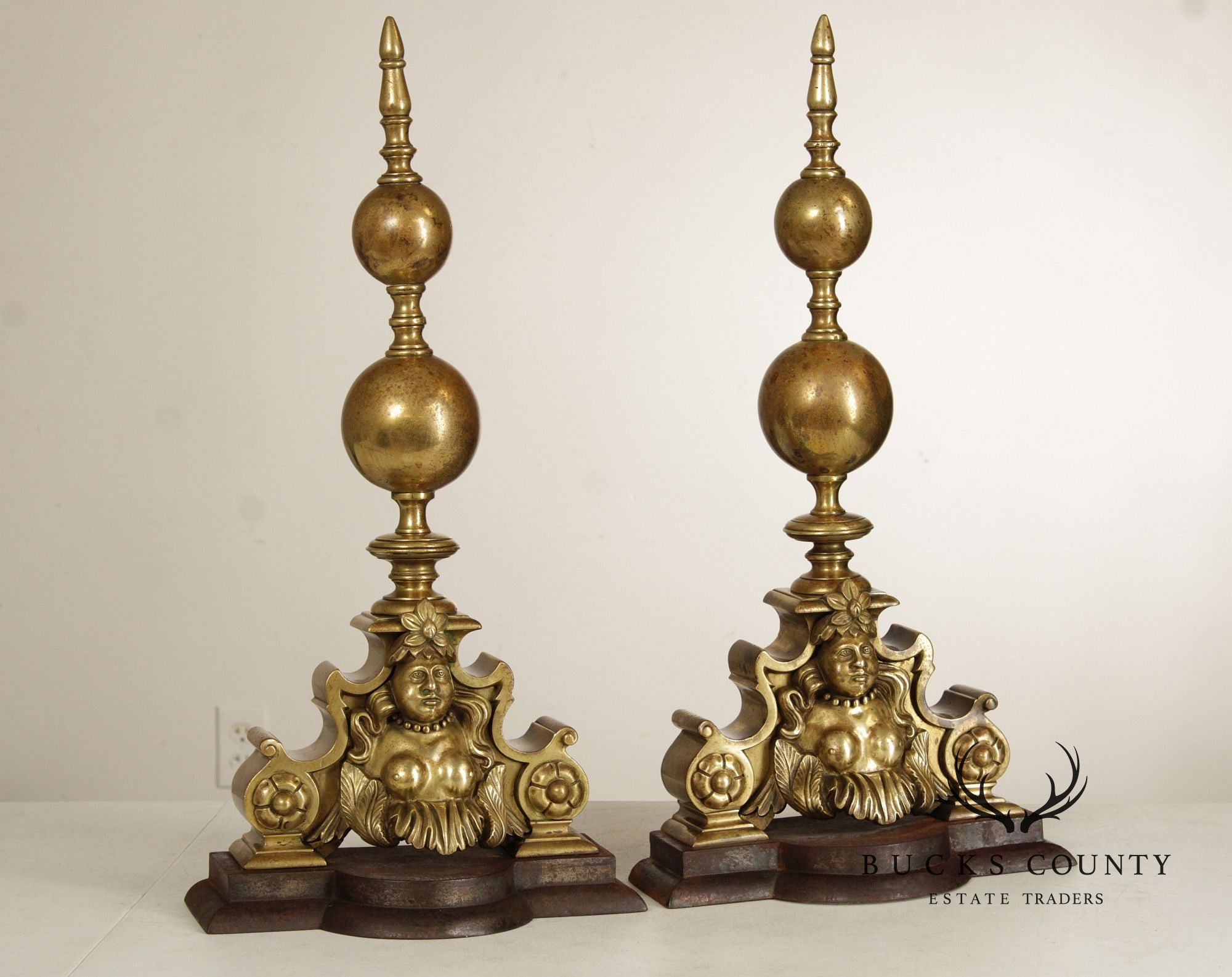 French Louis XIV Style Pair of Brass Figural 'Marmouset' Andirons