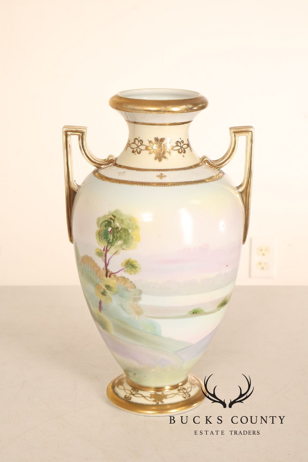 Antique Hand Painted Nippon Porcelain Twin Handle Landscape Urn With Gilt Decoration