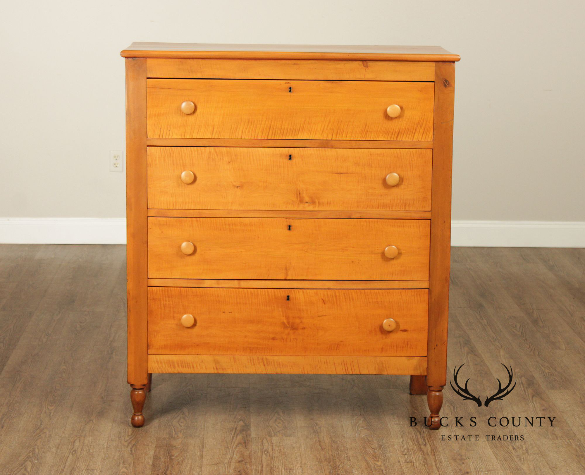 Antique Tiger Maple And Poplar Sheraton Chest Of Drawers