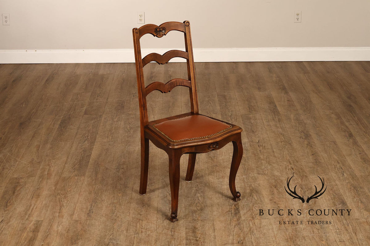 French Country Antique Set Of Eight Walnut And Leather Ladder Back Dining Chairs