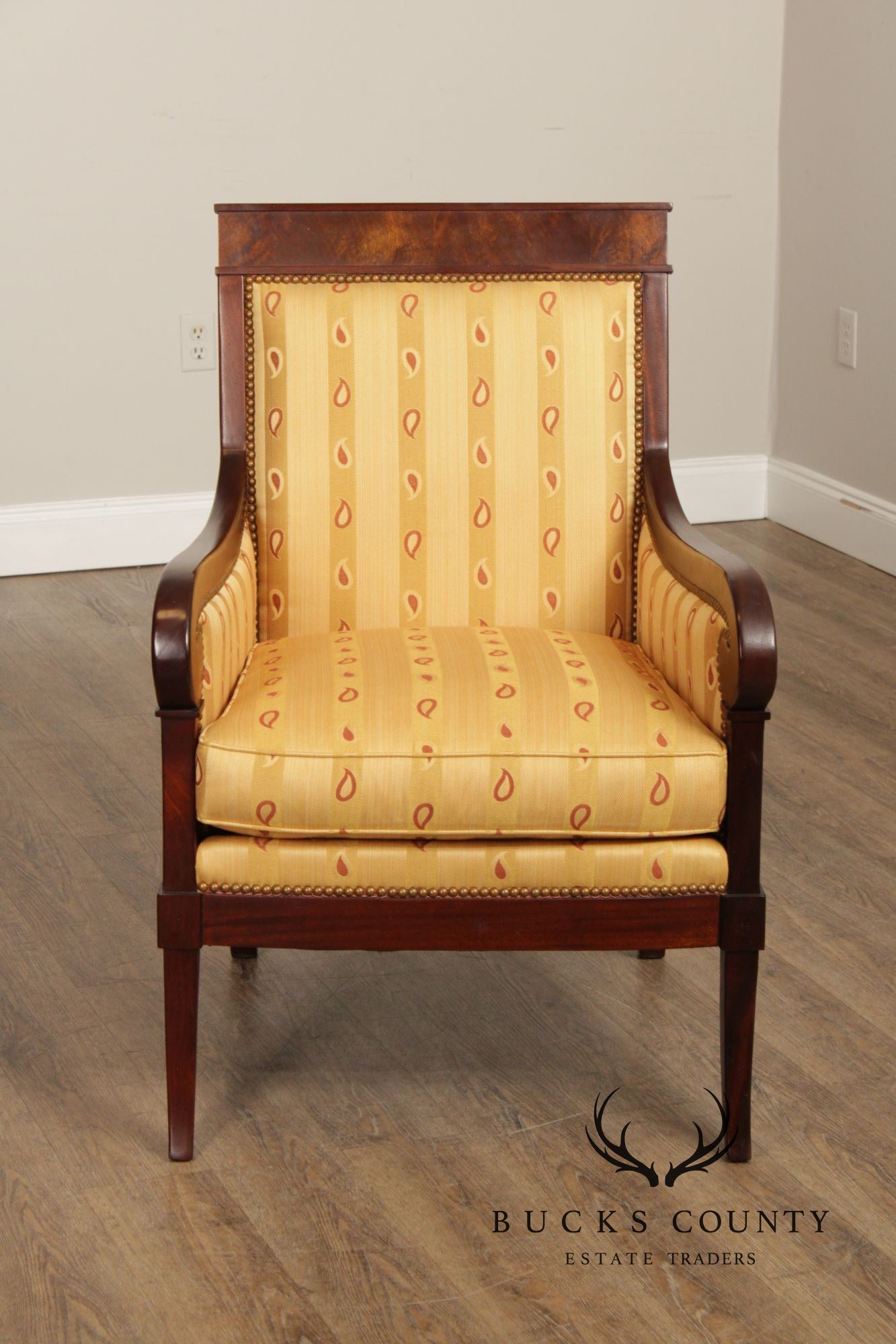 Kravet Furniture French Empire Style Pair of Mahogany Armchairs