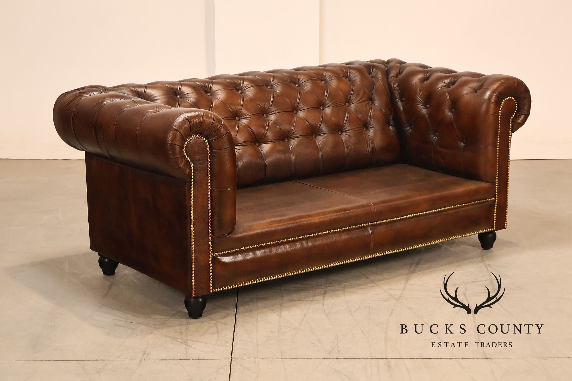 Chesterfield Style 6 Foot Cognac Brown Tufted Leather Sofa