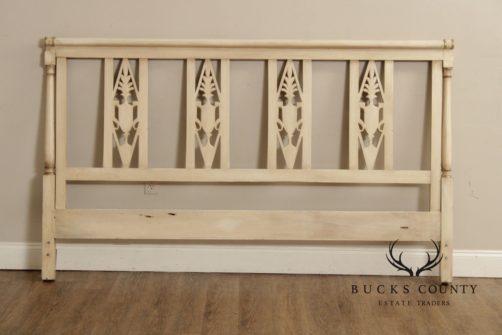 French Neoclassical Directoire Style Distress Painted King Headboard