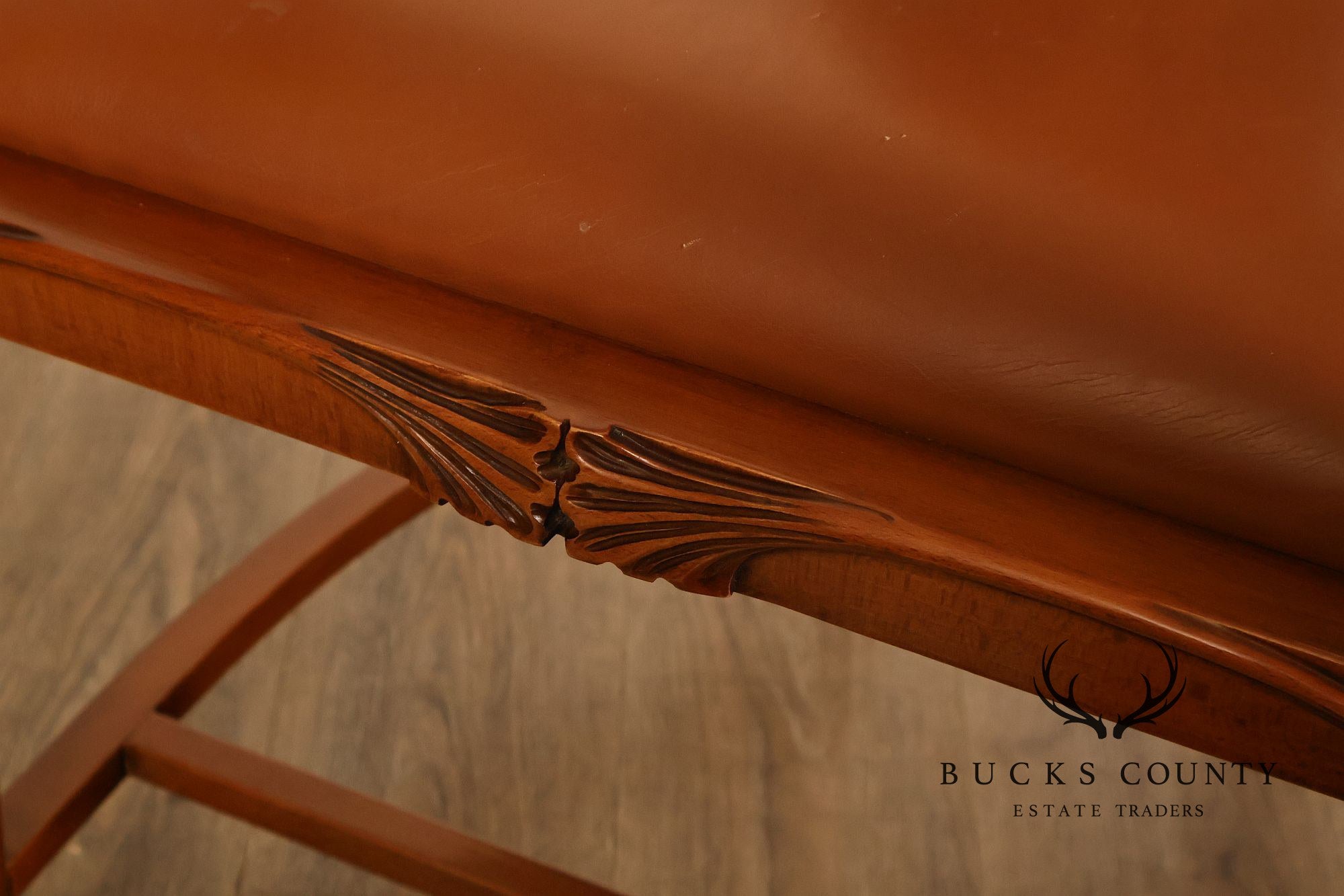 Antique Art Nouveau Carved Wood And Leather Armchair