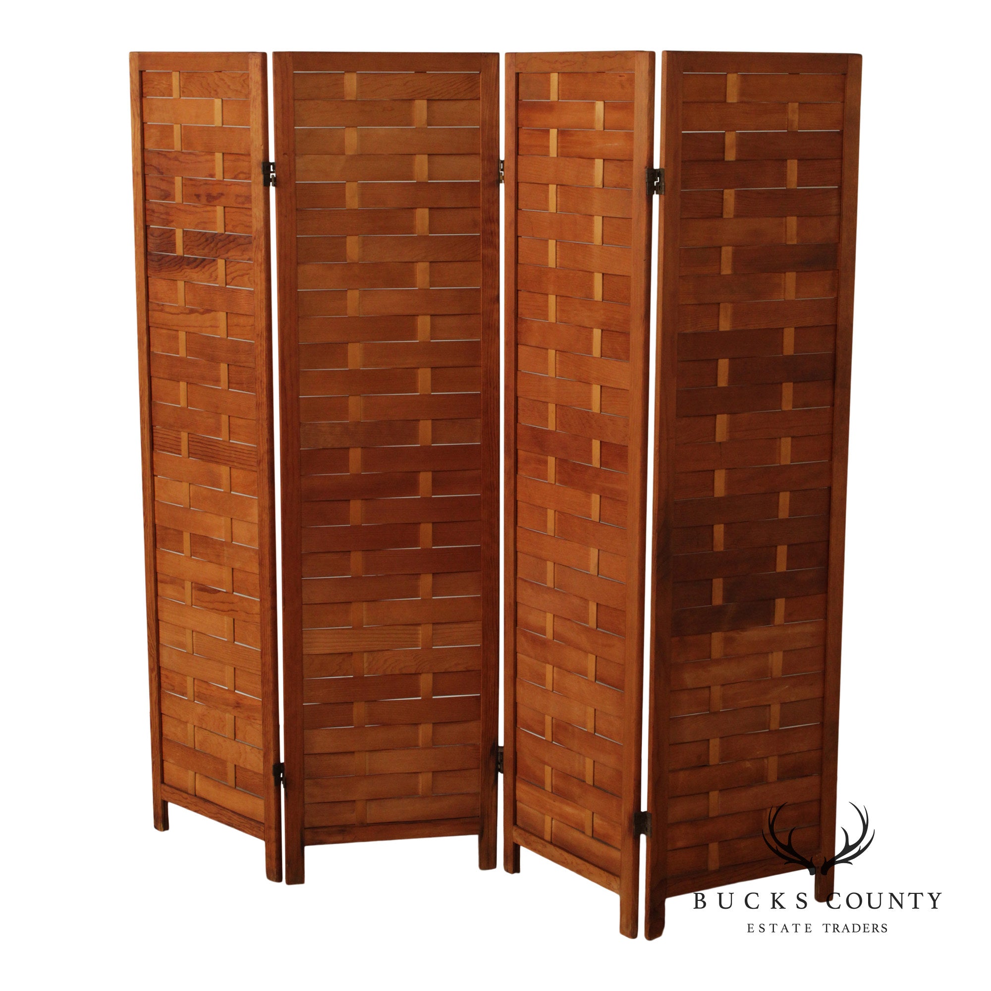Mid Century Modern Woven Wood Four-Panel Screen