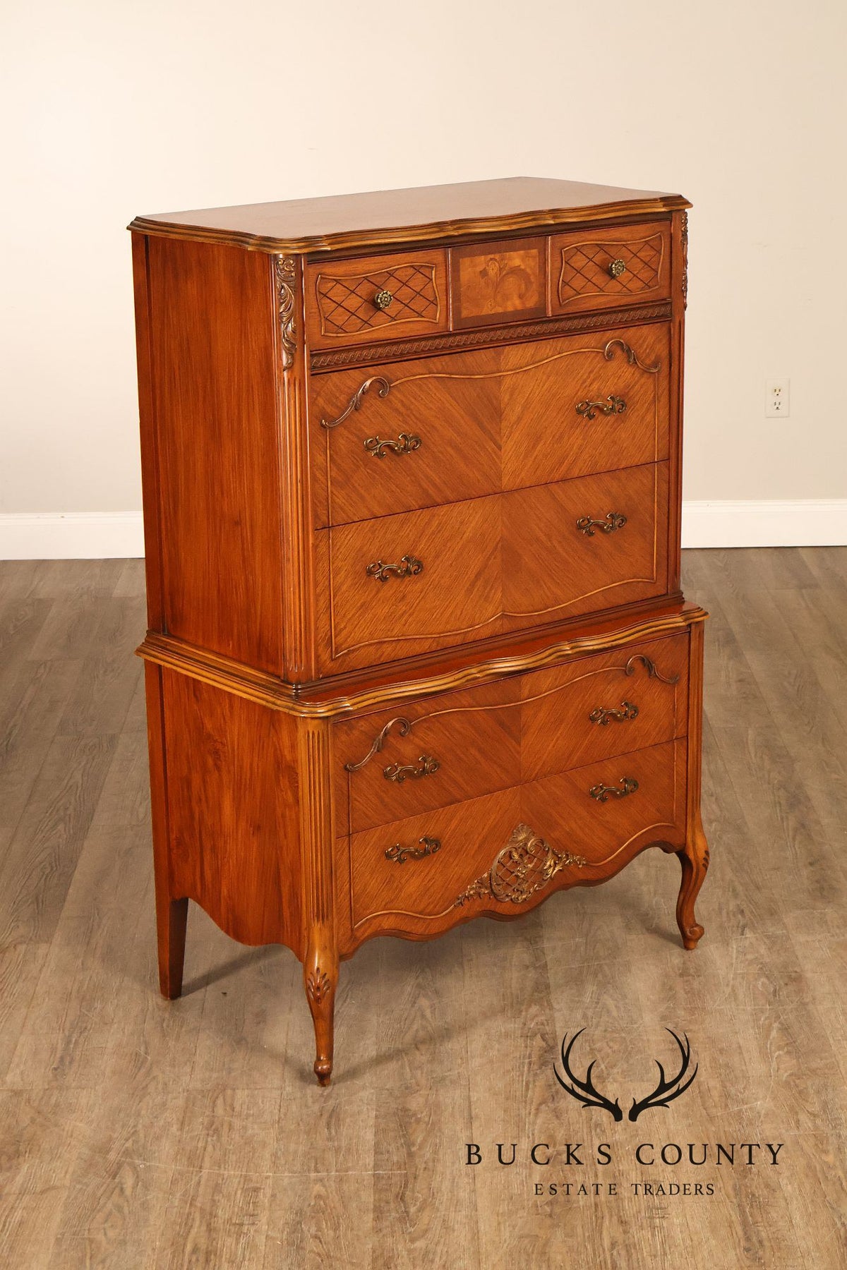 French Louis XV Style Satinwood High Chest Of Drawers