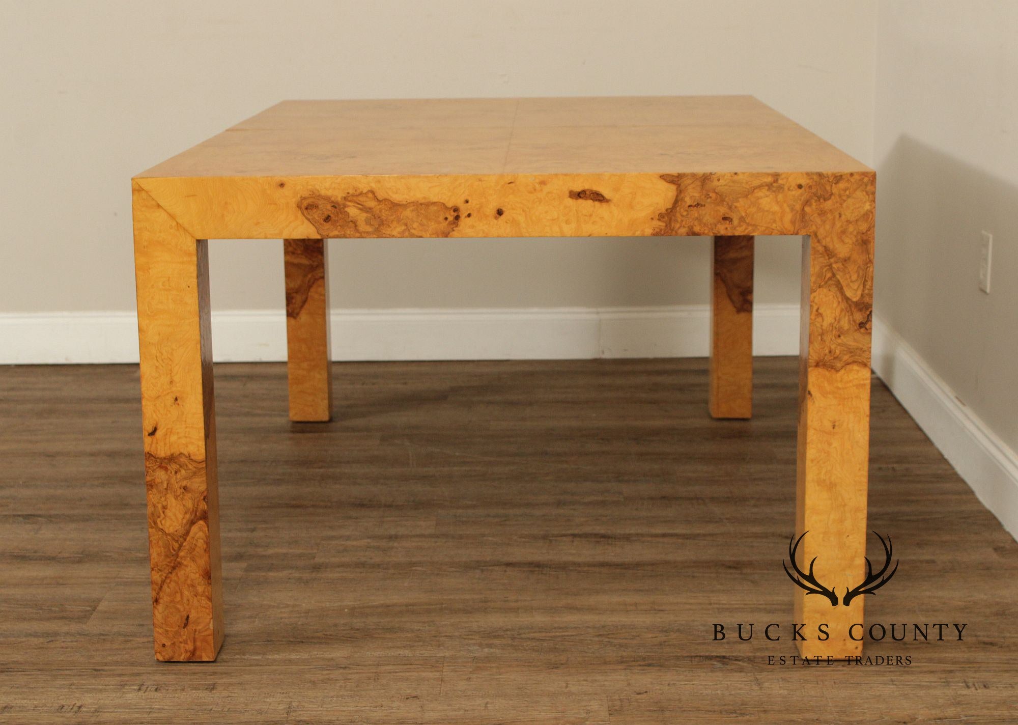 Mid-Century Modern Burlwood Parsons Extension Dining Table with 2 Leaves