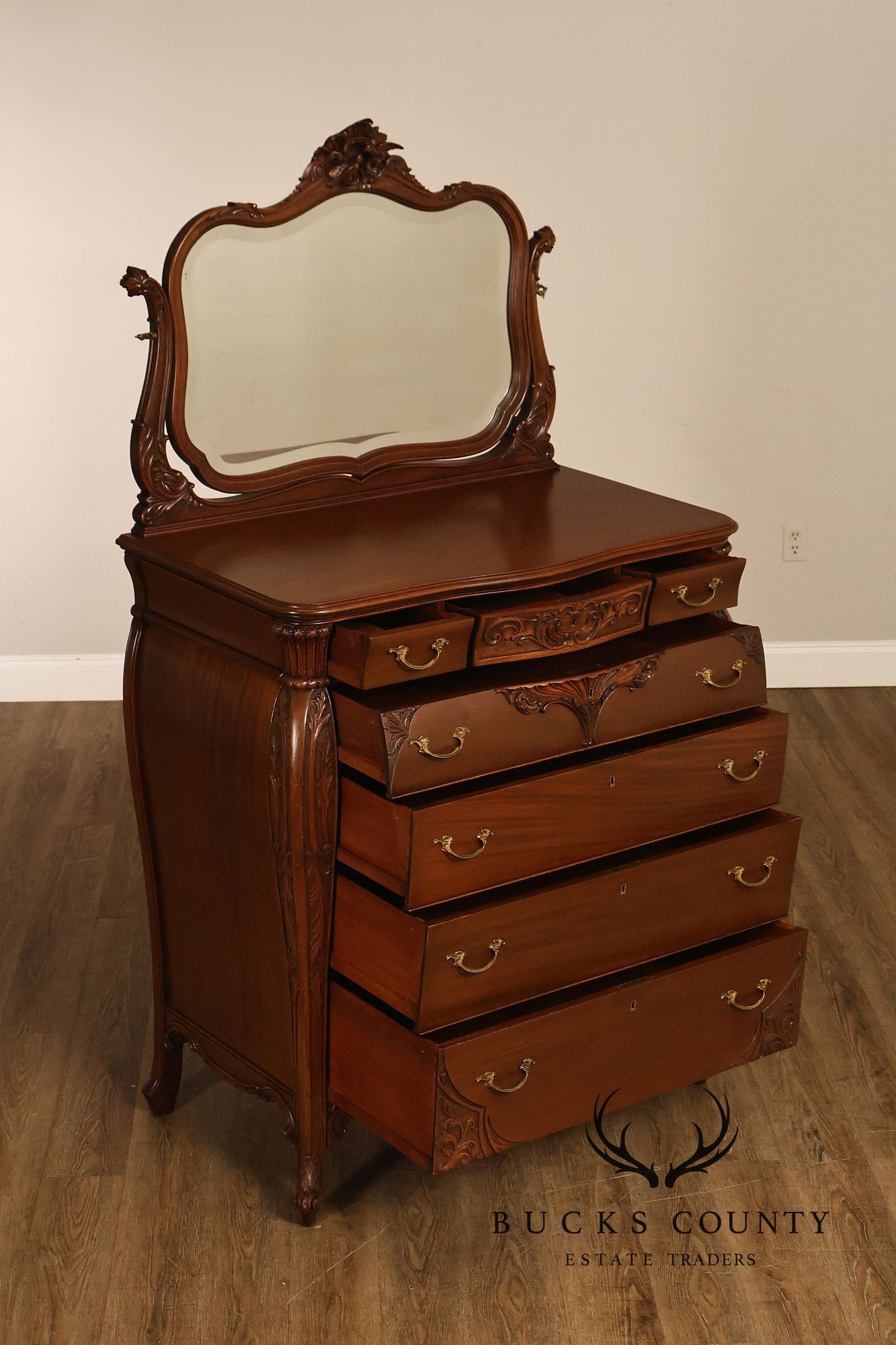 Antique R. J. Horner Carved Mahogany High Chest Of Drawers With Mirror